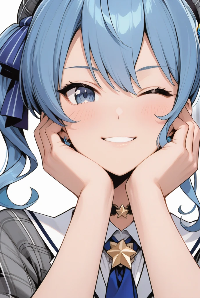 Flat Color, One girl, 一人in, tie, Double Bang, in, smile, Jacket, choker, Braiding, Hair Bun, looking at iniewer, shirt, Simple Background, Upper Body, Blue background, Manicure, Blue Claws, collared shirt, Brown eyes, bangs, blue tie, black choker, white shirt, Blue Hair, freckles, Grin, striped tie, long sleeines, , blue Jacket, twin Braidings, Raise your hand, Flat Color