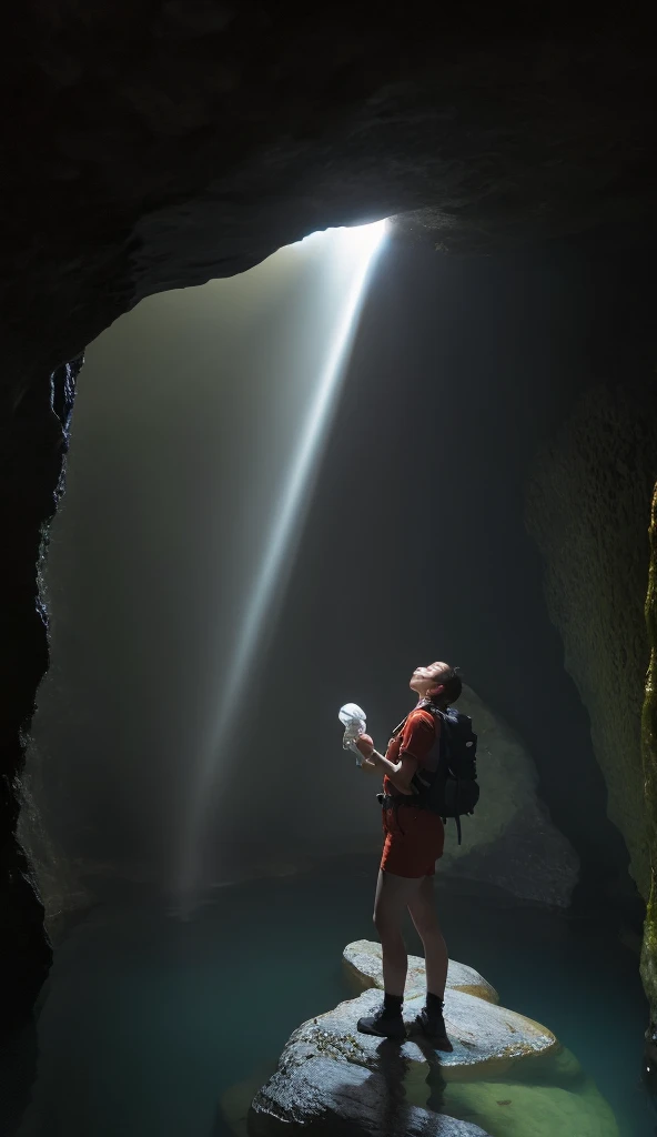 best qualtiy, tmasterpiece, Ultra-high resolution,（realisticlying:1.6), RAW photograph, 1girl, mid body, in the darkness nigth, deep shading， low tune, cold light, looking to the camera,  look, short detailed hair, inside the cave, fireflies, waterfall background, camping tent,

