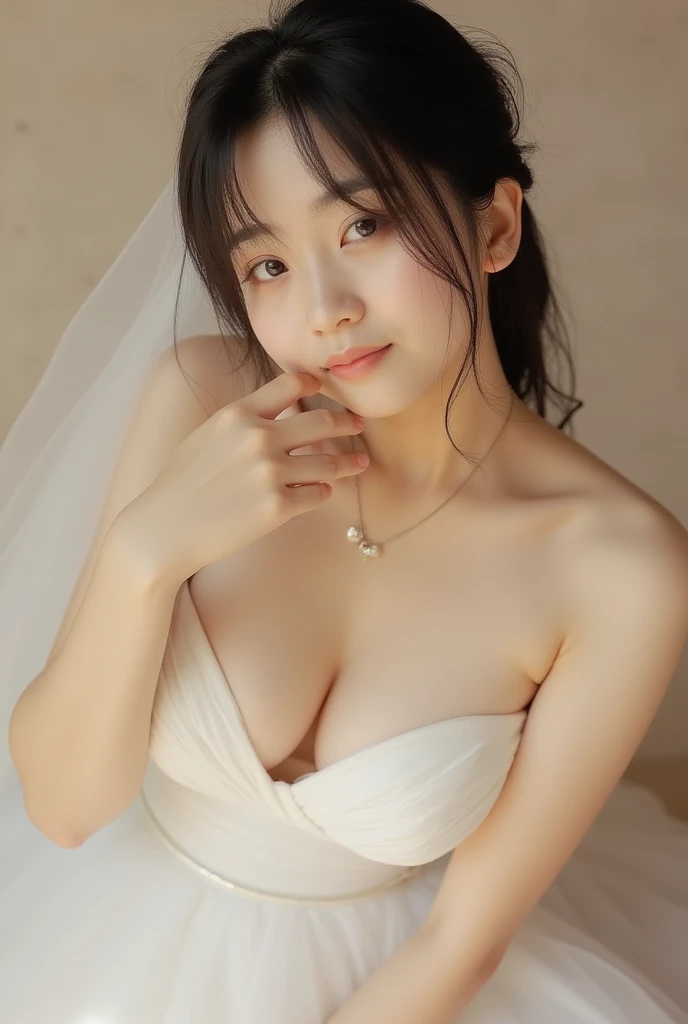 best qualitiy，nmasterpiece，The ultra-great resolution，（extremely lifelike：1.4），OriginalPhotographs，The skin，simple background，Black eyes，Detail，selfee， 1个女孩，The sunlight，Large breasts，Bandeau wedding dress，