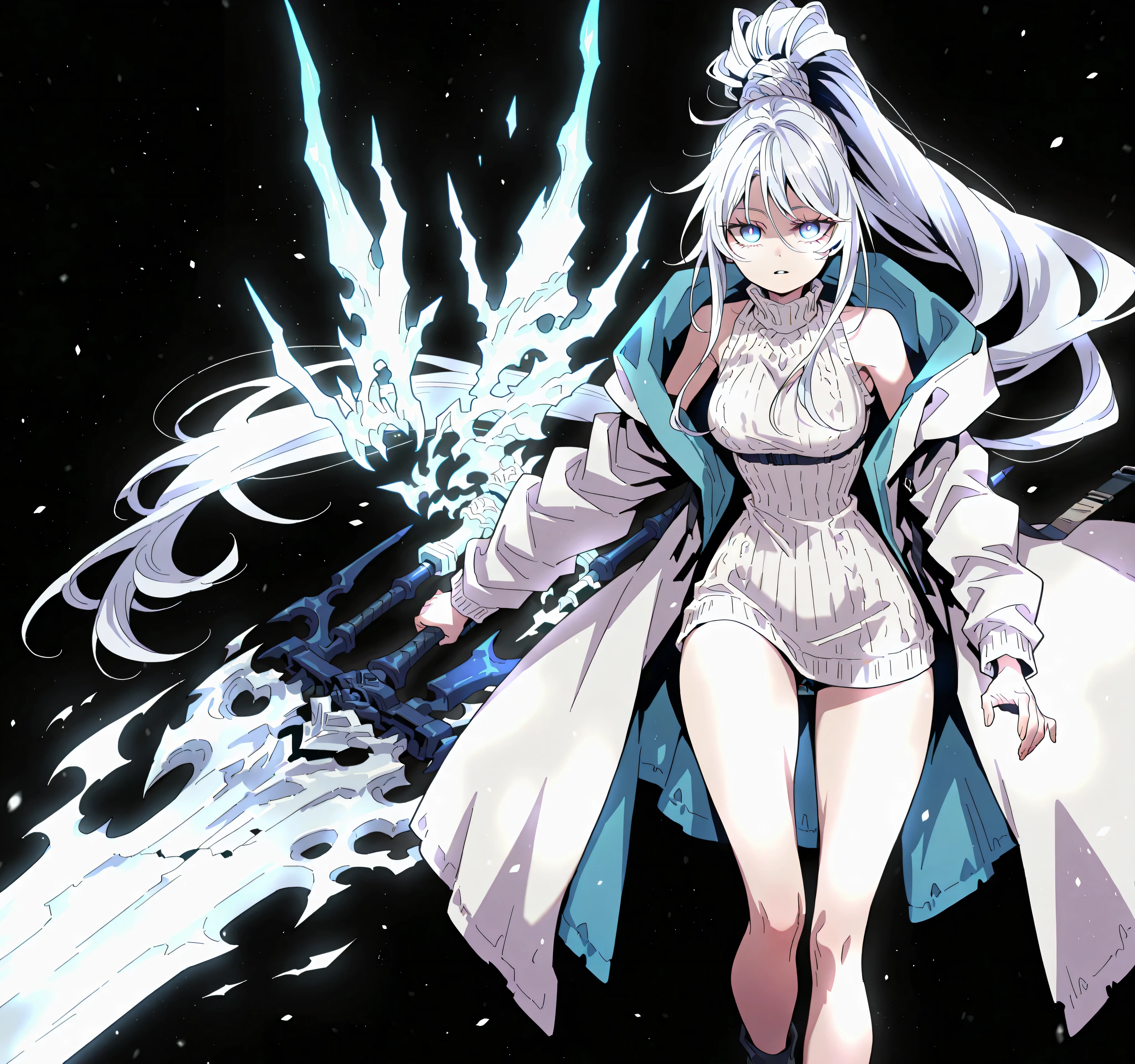Alone, 1 girl, solitary female character, a young teenager about 1.5 meters tall. She stands alone against a deep black background, making her stand out vividly. Her physique and height are exactly like Terakomari Gandesblood from The Vexations of a Shut-In Vampire Princess.

She has long white hair tied in a ponytail, just like Sylpha Langlis from Tensei Shitara Dai Nana Ōji. The tips of her hair have an ethereal, white flame-like appearance.

Clothing and Accessories:
Her eyes are completely hidden behind a silver mask with the same design as the Frost Queen’s mask from Return of the Frozen Player. A silver mask identical to the Frost Queen’s mask from Return of the Frozen Player. A silver mask identical to the Frost Queen’s mask from Return of the Frozen Player. The mask covers the eyes. The mask covers the eyes. The mask covers the eyes. The mask covers the eyes.

She wears a black turtleneck sweater that extends halfway down her thighs. Her thighs and legs are exposed. The most important feature is her white coat with blue accents—identical in every detail to Amiya’s coat from Arknights: the same fabric, cut, blue highlights, length, hood design, zippers, and proportions (but entirely white). The coat fits properly, sliding off her arms and leaving her shoulders exposed.

Pose and Expression:
Black background, sexy pose, wide hips, medium breasts, slim waist, short body. She is a young girl conjuring a large white flame in one hand while holding an immense white greatsword with golden details in the other. The massive greatsword appears to be made of stone, with several cracks running along its broad, heavy blade, from which condensed energy radiates. Energy flows visibly from the cracks of the massive sword.

Atmosphere and Style:
Youthful energy. Ultra-detailed, sharp, clean anime style. Deep black background with cinematic lighting emphasizing her short stature and powerful aura. Perfect image, perfect face, perfect eyes, perfect anatomy.