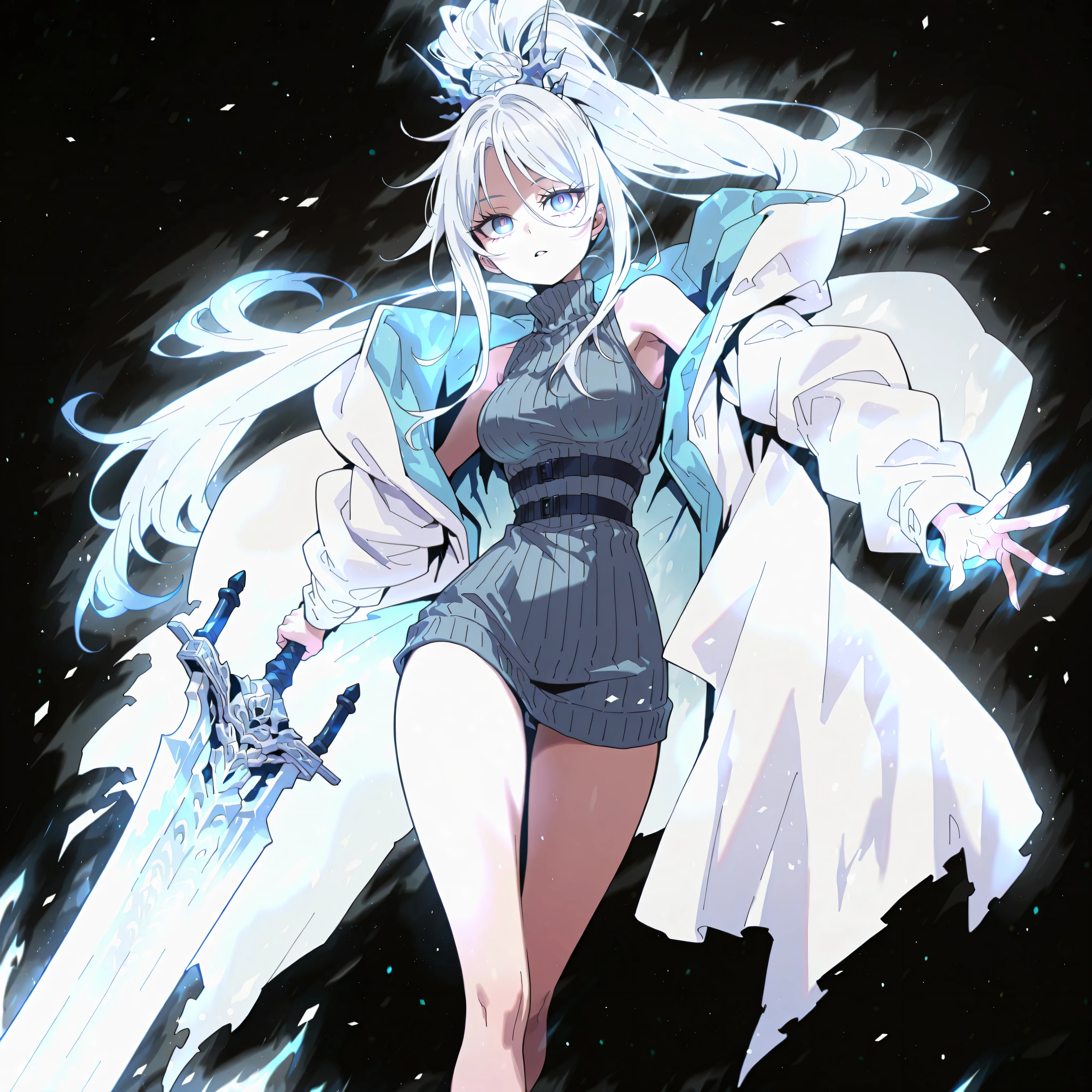 Alone, 1 girl, solitary female character, a young teenager about 1.5 meters tall. She stands alone against a deep black background, making her stand out vividly. Her physique and height are exactly like Terakomari Gandesblood from The Vexations of a Shut-In Vampire Princess.
She has long white hair tied in a ponytail, just like Sylpha Langlis from Tensei Shitara Dai Nana Ōji. The tips of her hair have an ethereal, white flame-like appearance.
Clothing and Accessories:
Her eyes are completely hidden behind a silver mask with the same design as the Frost Queen’s mask from Return of the Frozen Player. A silver mask identical to the Frost Queen’s mask from Return of the Frozen Player. A silver mask identical to the Frost Queen’s mask from Return of the Frozen Player. The mask covers the eyes. The mask covers the eyes. The mask covers the eyes. The mask covers the eyes.
She wears a black turtleneck sweater that extends halfway down her thighs. Her thighs and legs are exposed. The most important feature is her white coat with blue accents—identical in every detail to Amiya’s coat from Arknights: the same fabric, cut, blue highlights, length, hood design, zippers, and proportions (but entirely white). The coat fits properly, sliding off her arms and leaving her shoulders exposed.
Pose and Expression:
Black background, sexy pose, wide hips, medium breasts, slim waist, short body. She is a young girl conjuring a large white flame in one hand while holding an immense white greatsword with golden details in the other. The massive greatsword appears to be made of stone, with several cracks running along its broad, heavy blade, from which condensed energy radiates. Energy flows visibly from the cracks of the massive sword.
Atmosphere and Style:
Youthful energy. Ultra-detailed, sharp, clean anime style. Deep black background with cinematic lighting emphasizing her short stature and powerful aura. Perfect image, perfect face, perfect eyes, perfect anatomy.