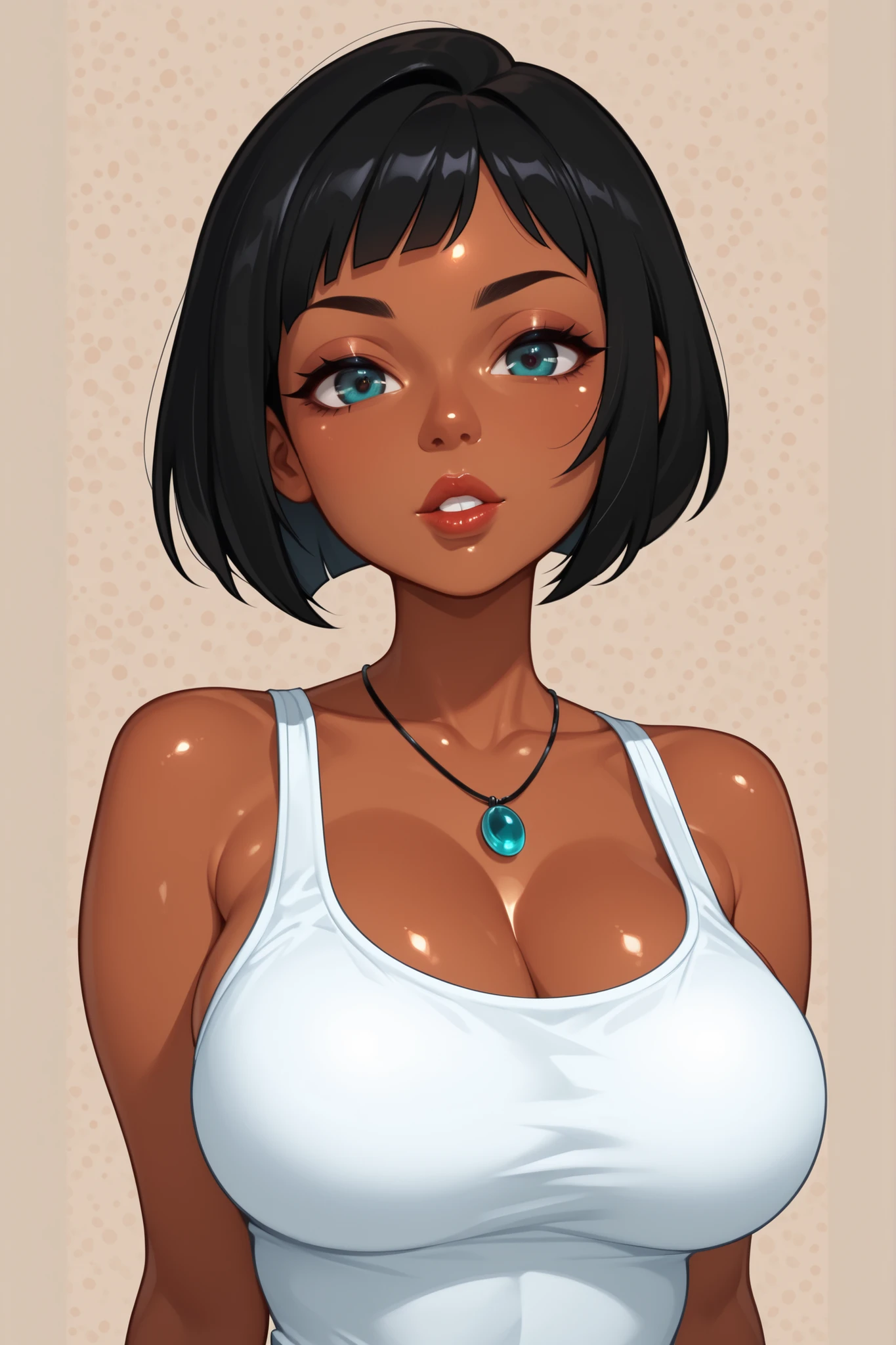 black hair, short bob hair, black thin eyebrows, necklace, jewelry, solo, teeth, tank top, , dark skin, looking at viewer, lips, nose, dark-skinned female, , parted lips, (((shiny skin))), (((glossy skin)))