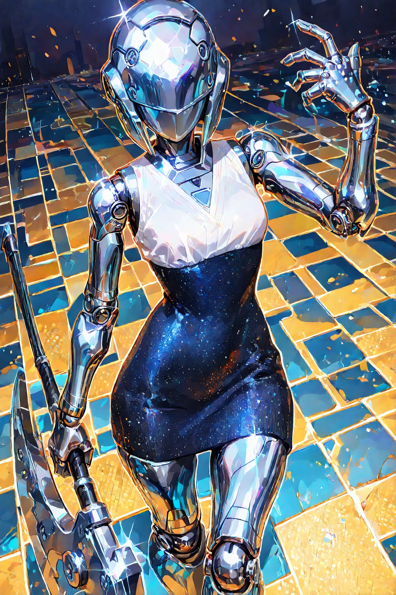 (doll joints,metallic skin, silver metal skin,Robogirl,Robot Girl,xxx667_illu,) The girl is a iron doll (mechanical robot woodcutter) cast from metal. she has an articulated doll's body and metal joints. There are rivets on the body. There are traces of rust and metallic oxidation on her body. She is wearing a black metallic jumpsuit dress and a white blouse. There are cogs sticking out of her head. She has a white bobcut. She holds a lumberjack's axe in her hand. She has a wind-up key on her back. (In the background: a yellow brick path goes through a rainbow forest.)