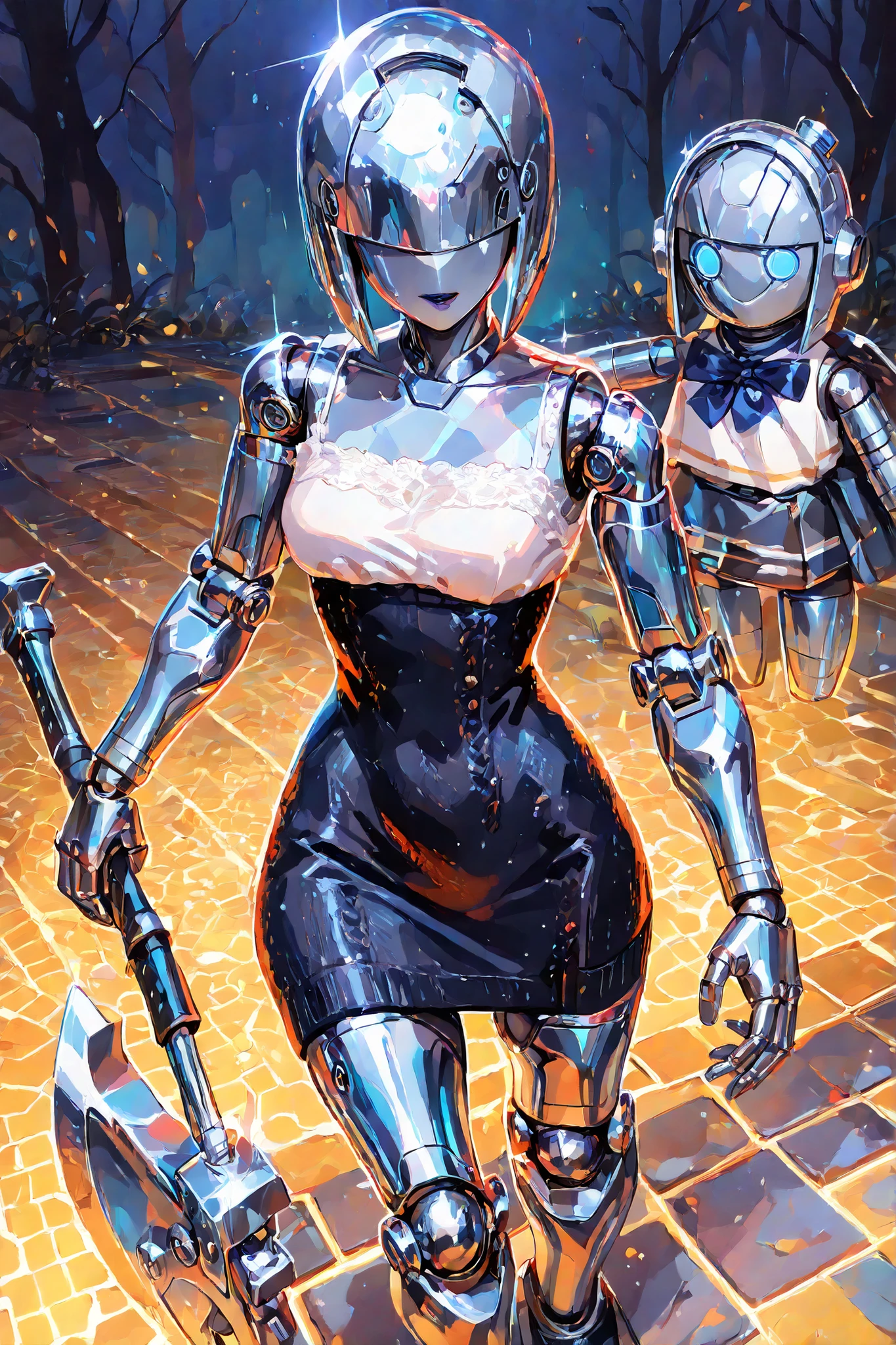 (doll joints,metallic skin, silver metal skin,Robogirl,Robot Girl,xxx667_illu,) The girl is a iron doll (mechanical robot woodcutter) cast from metal. she has an articulated doll's body and metal joints. There are rivets on the body.  There are traces of rust and metallic oxidation on her body. She is wearing a black metallic jumpsuit dress and a white blouse. There are cogs sticking out of her head. She has a white bobcut. She holds a lumberjack's axe in her hand. She has a wind-up key on her back. (In the background: a yellow brick path goes through a rainbow forest.)