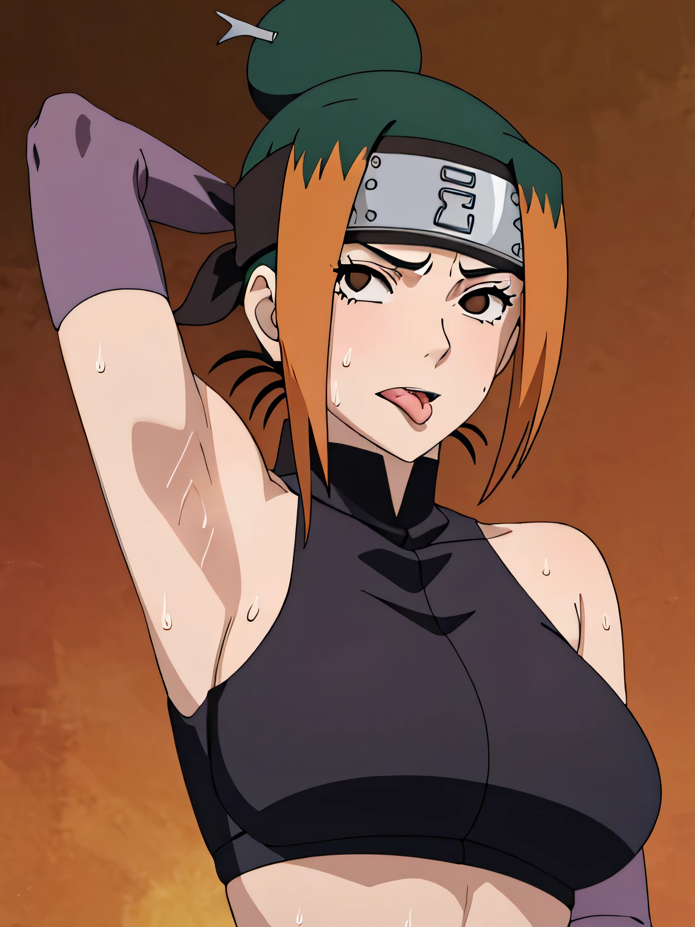 Pakura,human woman with fair skin. She has black eyes and blackish orange clothing. Her hair is black in color; She is beautiful.Tsundere face. Pink eye shading,mature appearance,armpits,sweat,sweaty,sweaty armpits,arms up,showing armpits,awesome armpits,outfit,blackish red arm warmers,maroon arm bands,maroon arm warmers,showing tongue,tongue out,wearing Konoha headband.