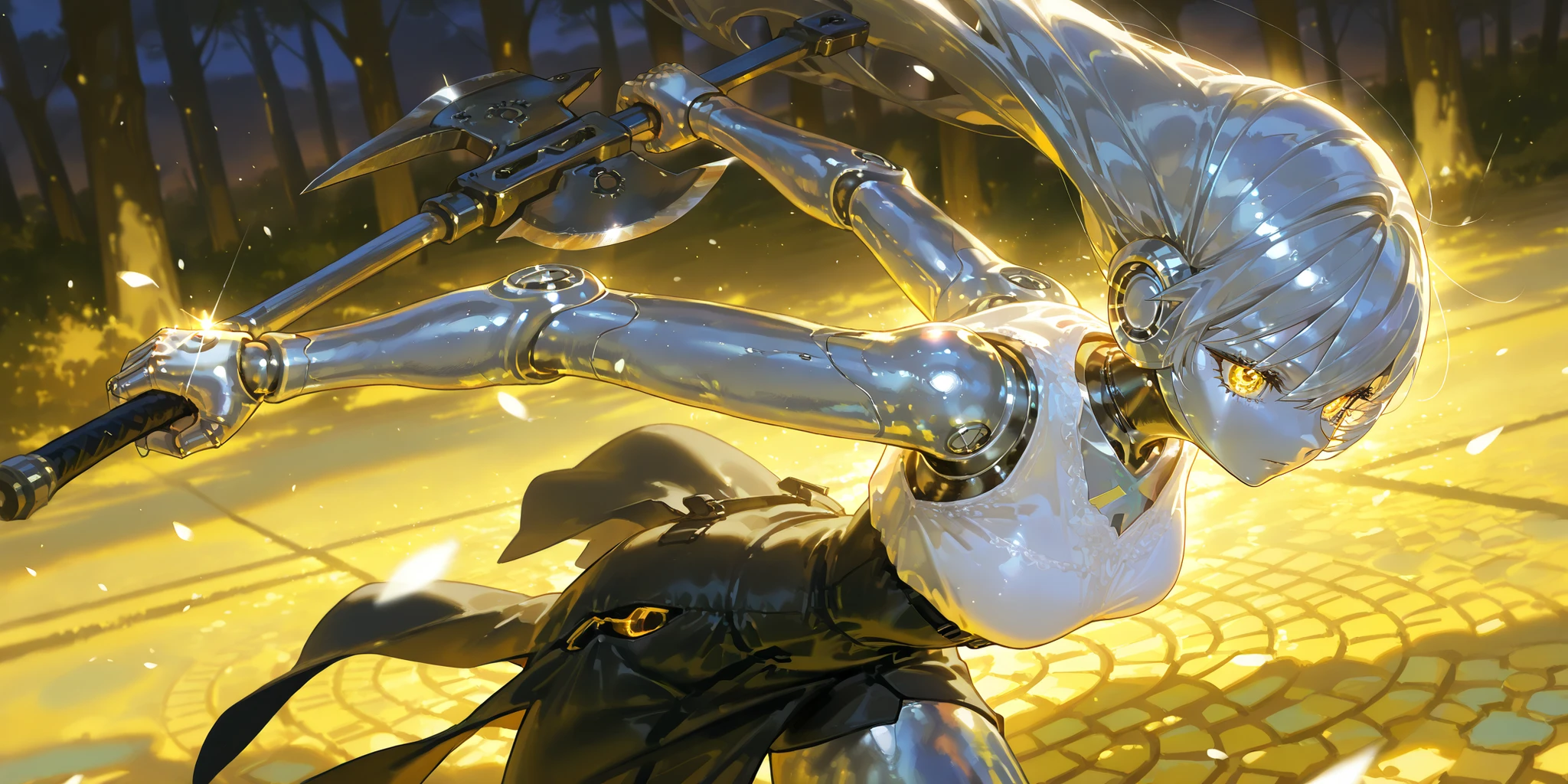 (doll joints,metallic skin, silver metal skin,Robogirl,Robot Girl,) The girl is a iron doll (mechanical robot woodcutter) cast from metal. she has an articulated doll's body and metal joints. There are rivets on the body. There are traces of rust and metallic oxidation on her body. She is wearing a black metallic jumpsuit dress and a white blouse. There are cogs sticking out of her head. She has a white bobcut. She holds a lumberjack's axe in her hand. She has a wind-up key on her back. (In the background: a yellow brick path goes through a rainbow forest.)