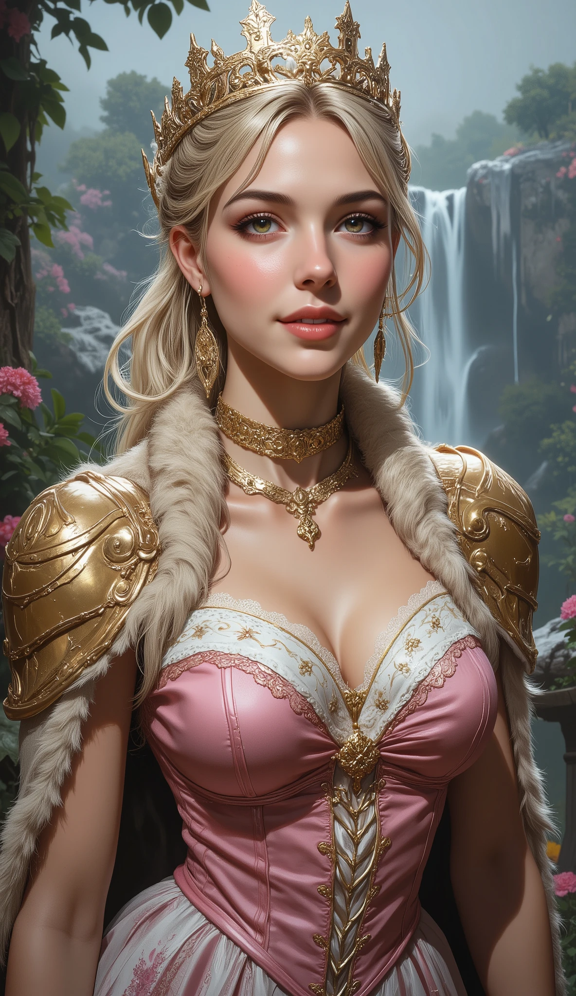 A detailed portrait of a princess wearing a luxurious fur cape over a royal dress, the dress's bodice is laced up and overlooks a medium-sized breast with pink nipples, she has a warm smile on her face, lush waterfall in the background, colorful flowers surrounding her, highly detailed, 8 k, photorealistic, realistic lighting, professional digital art, dramatic fantasy style, oil painting, bright colors, complex parts,