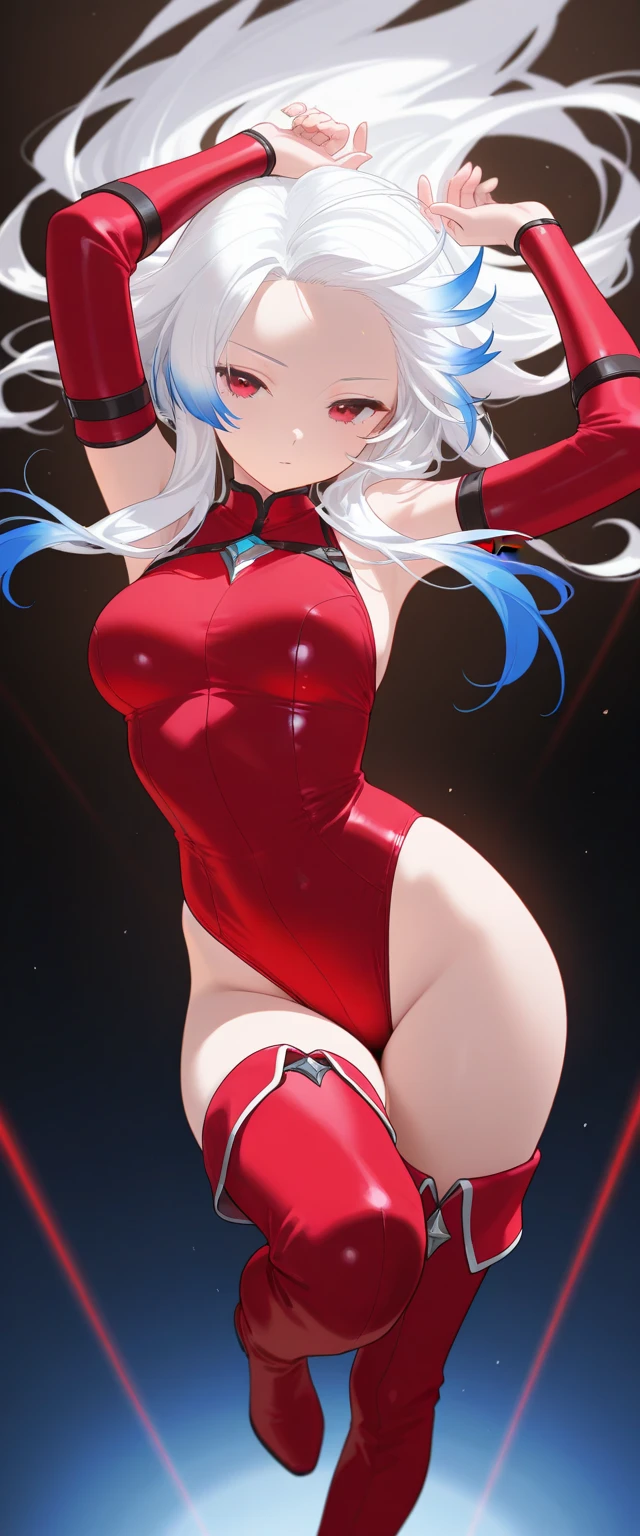 Girl, short white hair, blue ring floats above her head, red eyes, wearing red warrior clothing, , exposed thighs.