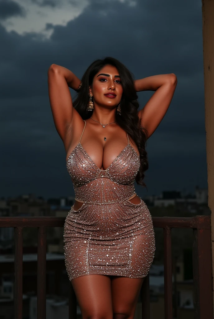 26yo  in rooftop party photo in party masterpiece, (photorealistic:1.4), best quality, beautiful lighting,Eleanor Latino girl 20yo Old ??????????? Plus Size Model Bun lHair Bun Hair (Long extremely curly Hair:1.3) Lifts Skirt Up Raised Skirt, mini-skirt, visible navel. 