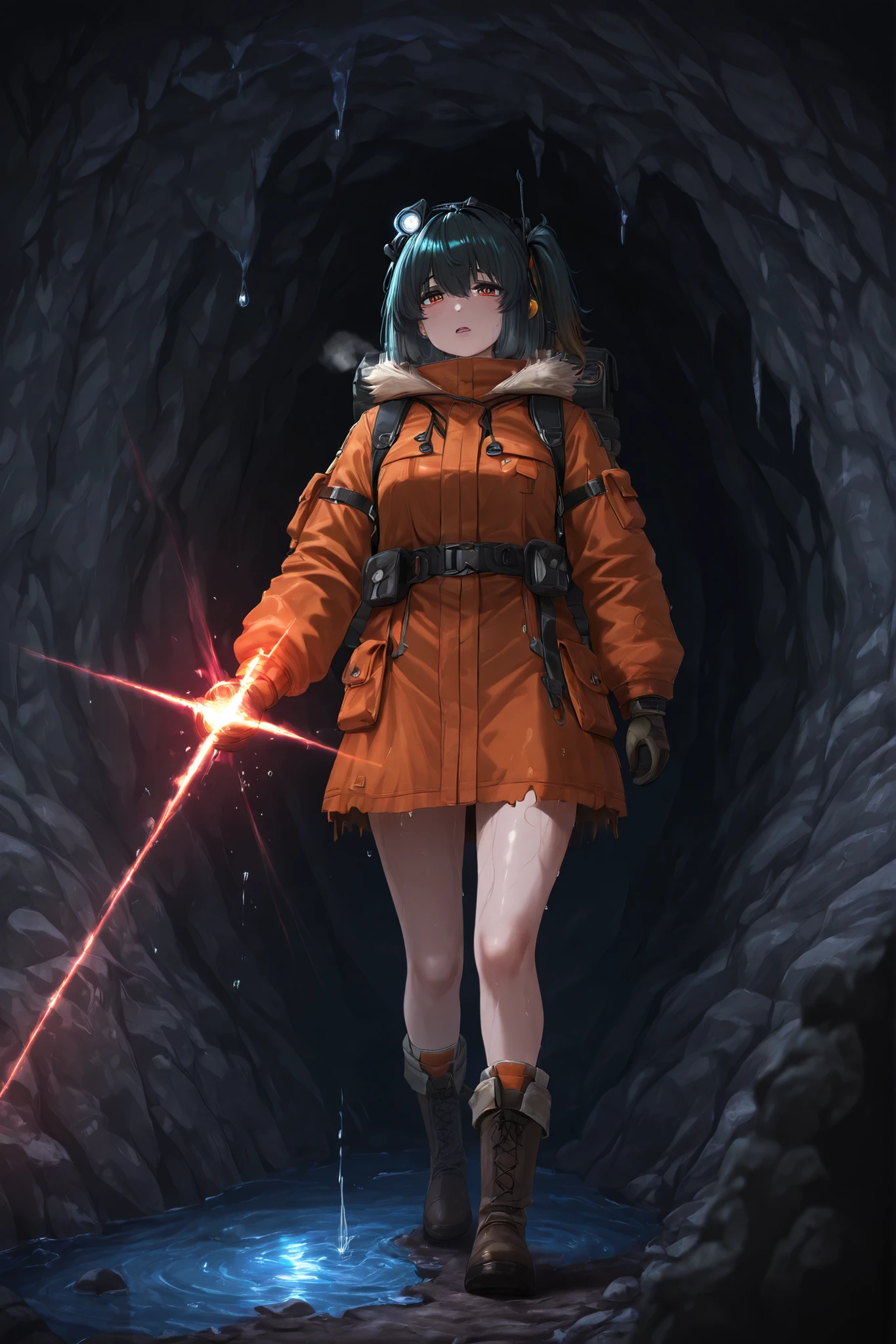 (masterpiece, best quality, 4k, highly detailed, cinematic lighting, dark fantasy tone),
(female cave explorer, wearing headlamp and expedition outfit, gloves, backpack, boots),
(carefully walking through underground cave, one hand touching the rock wall, alert and focused expression),
(background: deep limestone cave, stalactites and stalagmites, uneven rocky path, dripping water, misty air),
(only illuminated by headlamp, beam cutting through darkness, moisture reflections on wet stones),
(cinematic depth of field, realistic texture, sense of exploration and tension)
