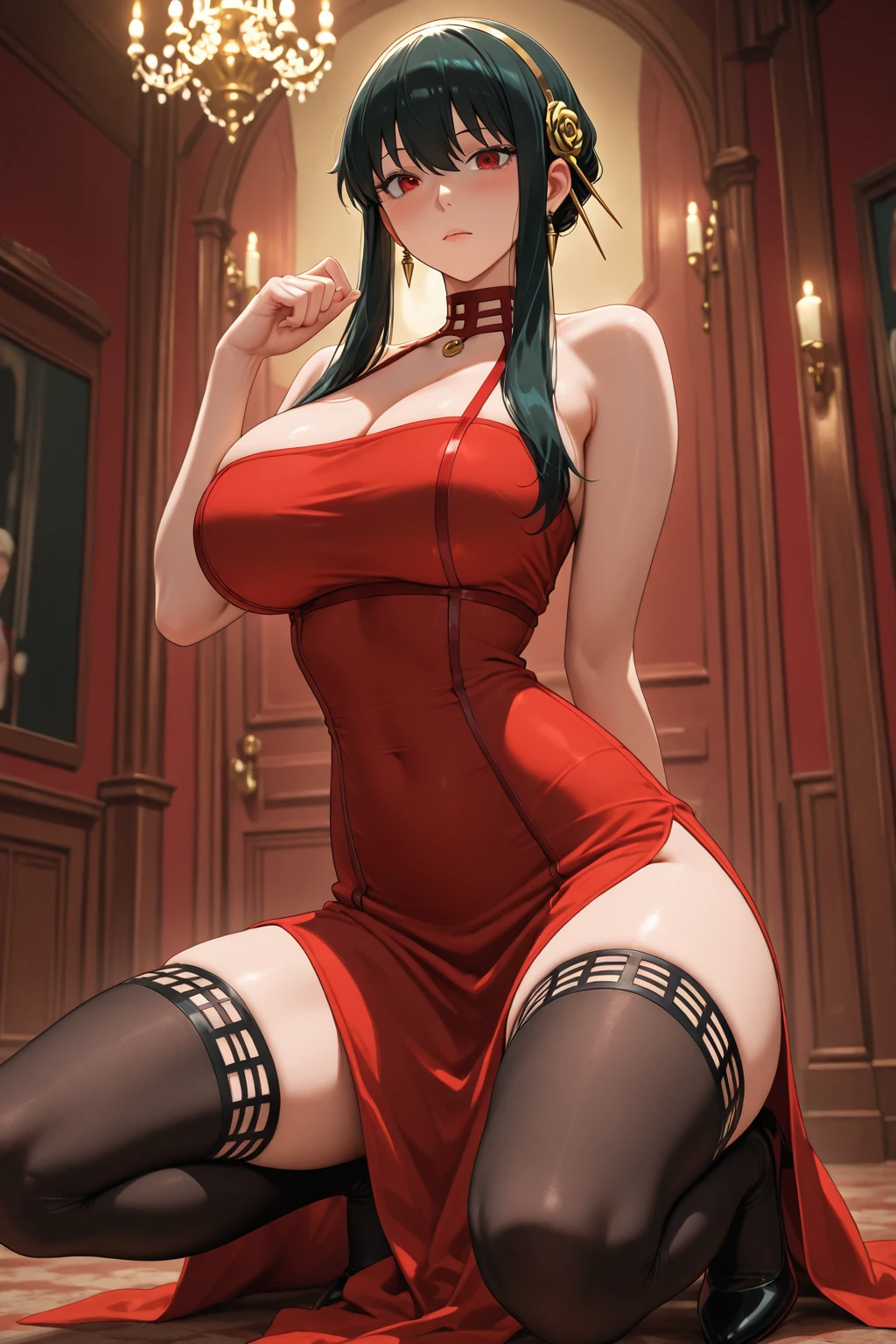 ((best quality)),A cute face with a round shape, black eyes, and black hair. Red lips, wearing a traditional French dress with an open back, large bust, and large thighs. White high heels, soo ????, soo ?????, out said park, arms up, armpit show, swet
