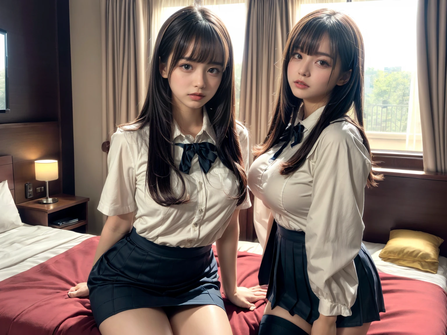 (8K, Raw photography, top-quality, ​masterpiece:1.2), master piece, best quality, illustration, Super detailed, fine details, High resolution, 8K,wall paper, perfect dynamic composition,(Details High quality, realistic depiction of eyes:1.3), ((2 girls, 2 schoolgirls)), The background is a luxury hotel room、High school girl uniform、blazer 、Super Short Check Uniform Skirt、Navy blue high socks、garterbelts、Colossal 、Disturbed uniform, Play with each other,Touching each other's bodies,Touching the body of the girl next door, short bob hair, black hair color, , Big Natural Color Lip, bold  pose, (perfect body shape), crying a little、cold gaze,  Beautiful makeup,glitter makeup,Cutest 18 years old, beautiful legs, hposing Gravure Idol, Voluptuous thighs