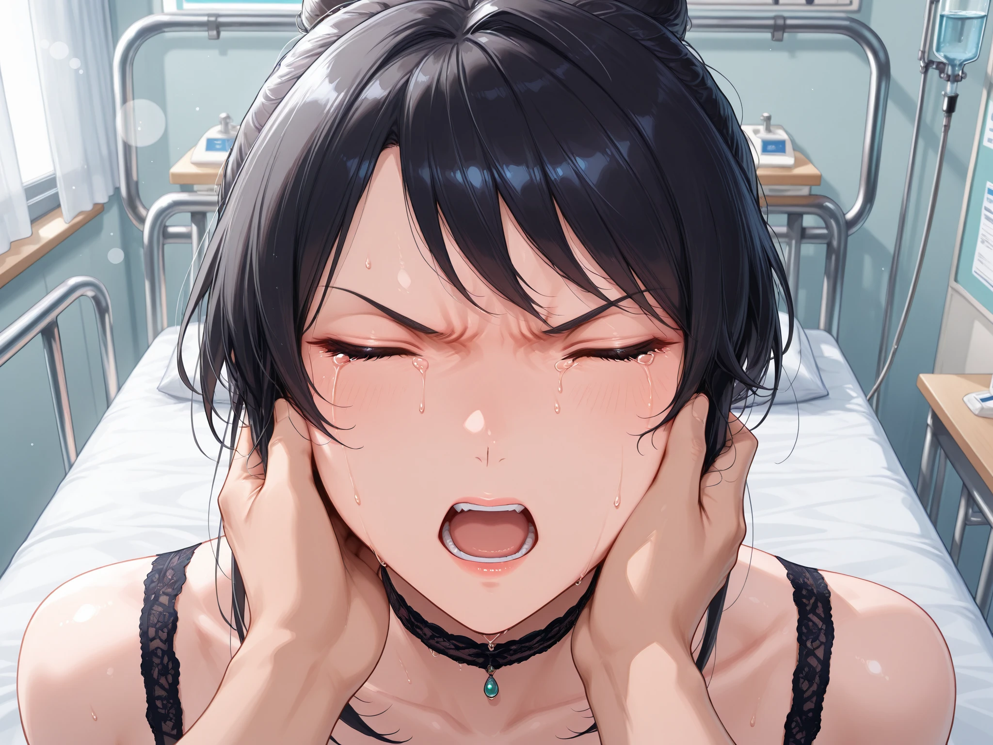 ,1 girl,Solo,(3),Double ,hands,,(multiple boys),(black hair:1),masterpiece, best quality, very aesthetic, absurdres,looking at viewer,split,(Black clothing),pov,open mouth,White Breath,shiny,gloss,heavy_breathing,Sweaty clothes,,(:1.4),(3boys)