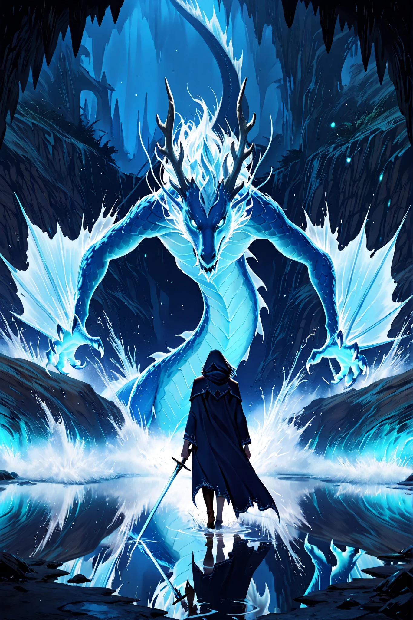 WaterElemental-IL.V1.0,(masterpiece, best quality, 4k, cinematic lighting, fantasy art, highly detailed environment),
(female adventurer standing on the edge of an underground lake, holding sword and shield, determined expression, cloak fluttering),
(huge water dragon emerging from the dark lake, bioluminescent blue scales glowing, glowing eyes, splashing water around),
(underground cavern with stalactites, faint mist, reflected light on the water surface, magical particles in the air),
(cold blue and teal color palette, dramatic light contrast, tension and awe, sense of scale and power),
(back view, dynamic composition, wide shot, atmospheric perspective, high detail texture, cinematic fantasy illustration)
