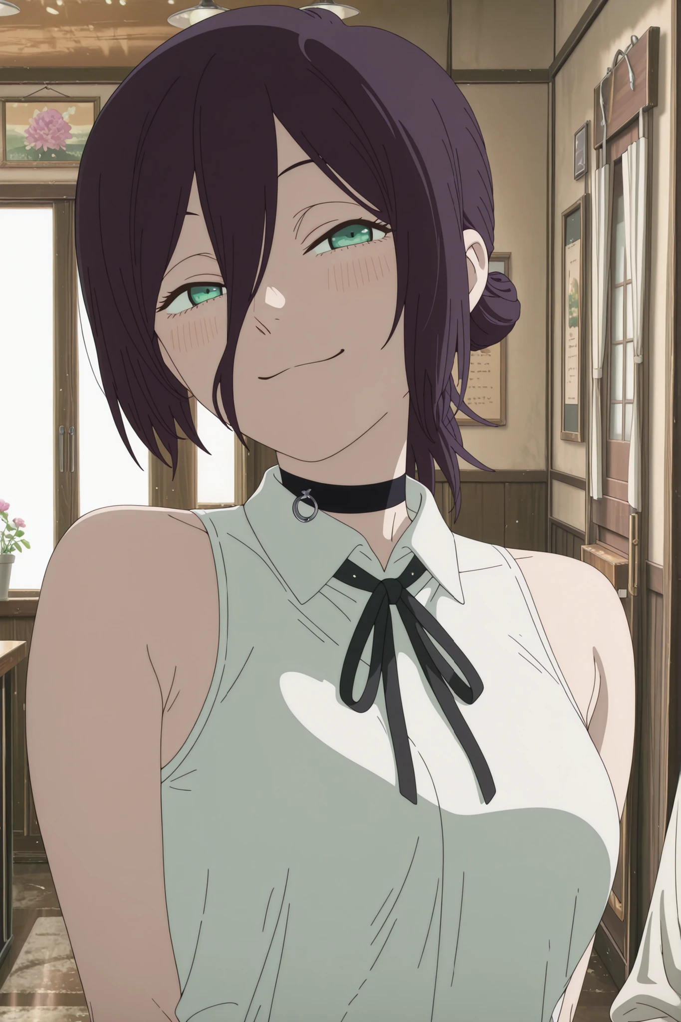 masterpiece, detailed:1.2),best quality, newest, very awa, masterpiece, best quality, absolutely absurdres, proportional body, proportional:1.2, beautiful hair, beautiful face, newest, anime screencap, cinematic composition, ultra detail, ,lazypos,  , mature female, , 
, rezewah, single hair bun, short ponytail, hair between eyes,black choker,  shoulders, black ribbon, collar, collared shirt, neck ribbon, ribbon, shirt, sleeveless, sleeveless shirt, white shirt, blush, smile,  looking at viewer,  restaurant, interior,, pull pin decorate on choker, decoration on side of choker, facing viewer, face close up, leaning to the side, arms behind back, from below,
 (anime screenshot, anime coloring, anime screencap), 