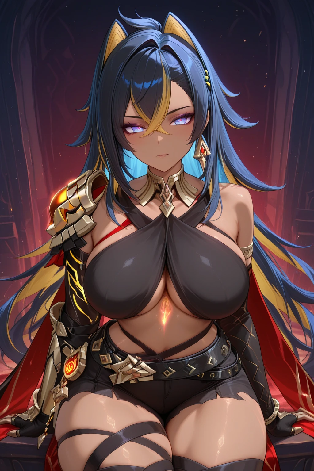 tiara, dress, showgirl skirt, long hair, black hair, red eyes, hair between eyes, cleavage, ?????????????, ???? thighs, ???? shoulder, thighighs, panties, navel, sleeveless, midriff, perfect hands, perfect fingers, acuurate fingers, super fine illustration, best quality, ultra detailed, masterpiece, masterwork, by famous artist, official art, exquisite, beautiful, ???? fingers, fingers skin, both arms, two arms, both hands, two hands, ???? hands, 