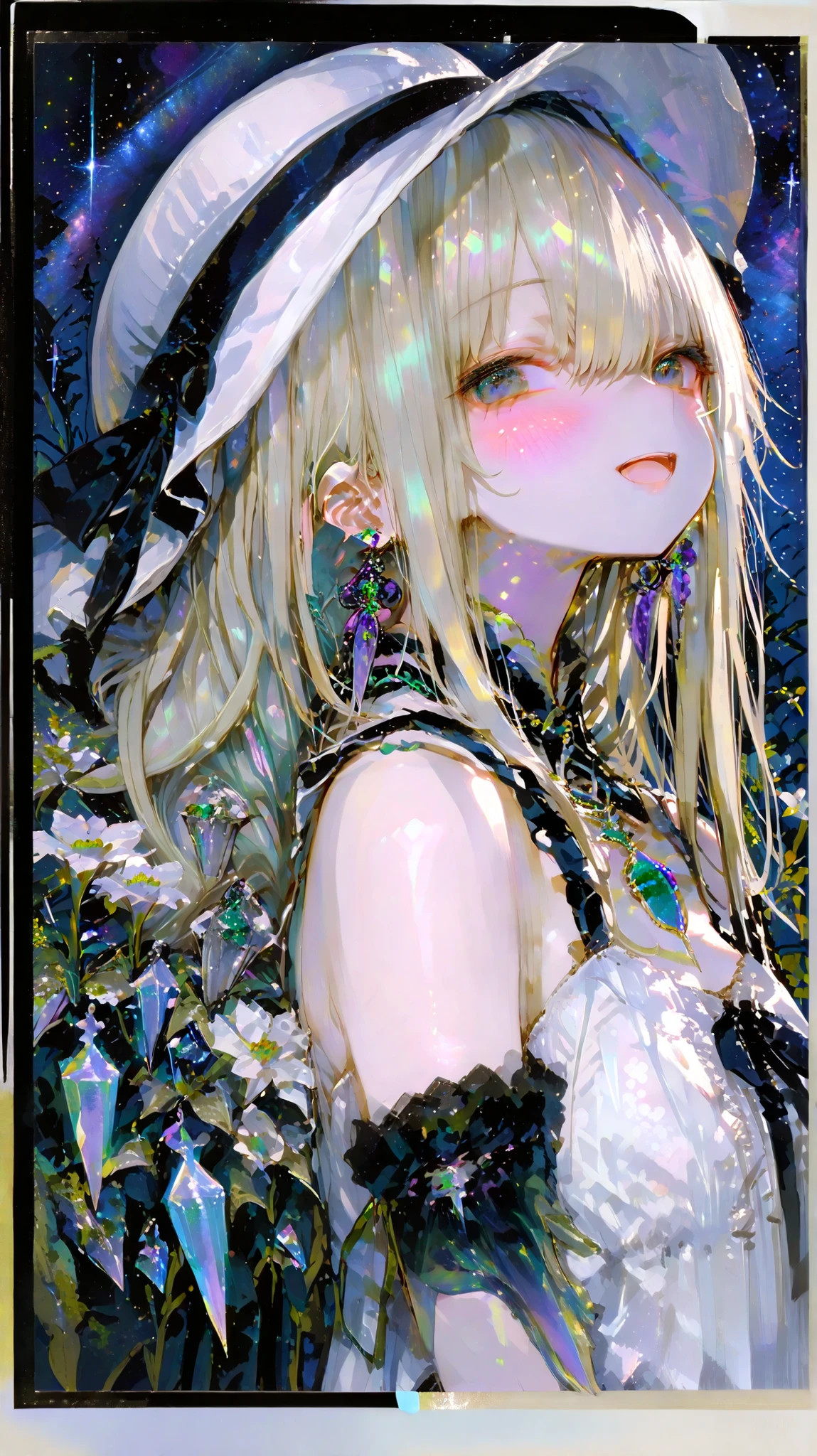 (masterpiece:1.2, Highest Quality), (beautiful detailed eyes: 1.2), ((1 beautiful girl)), (beautiful background:1.2), (very detailedCG, very detailed), ((Border Depth)),(very detailed and beautiful:1.1), (perfect details:1.1), very detailed赤い目, Sophisticated Nanyan, ((platinum blonde long hair)), ((platinum blonde hair)), starry sky background, Mikazuki, meteorite, gem, crystal earrings, Flower, viewers, nature, white headwear, hat ribbon , white sleeveless dress, black ribbon, shoulder out, standing, cross your arms on your back, upper body with Elvy Hadhiy, :d, blush, 748cm style,Dynamic Lighting,HDR