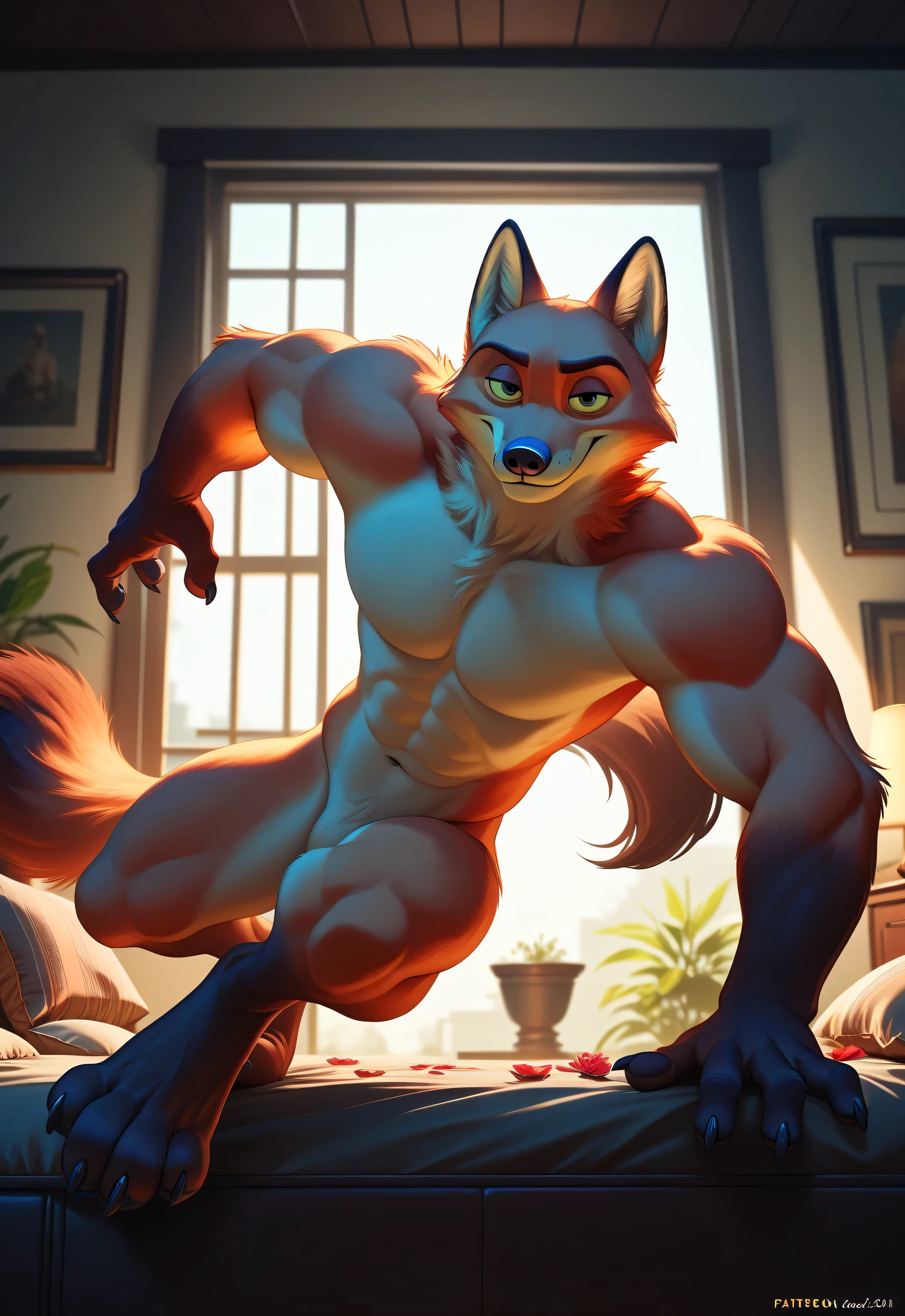 hyperdetailed,photorealistic,cute white boy,black panties,detailed face,detailed eyes,punk hair,white light brown fur,nude,full-body pose,sitting in a bed,in a bedroom,masterpiece,professional photograph,raw photo,realistic,