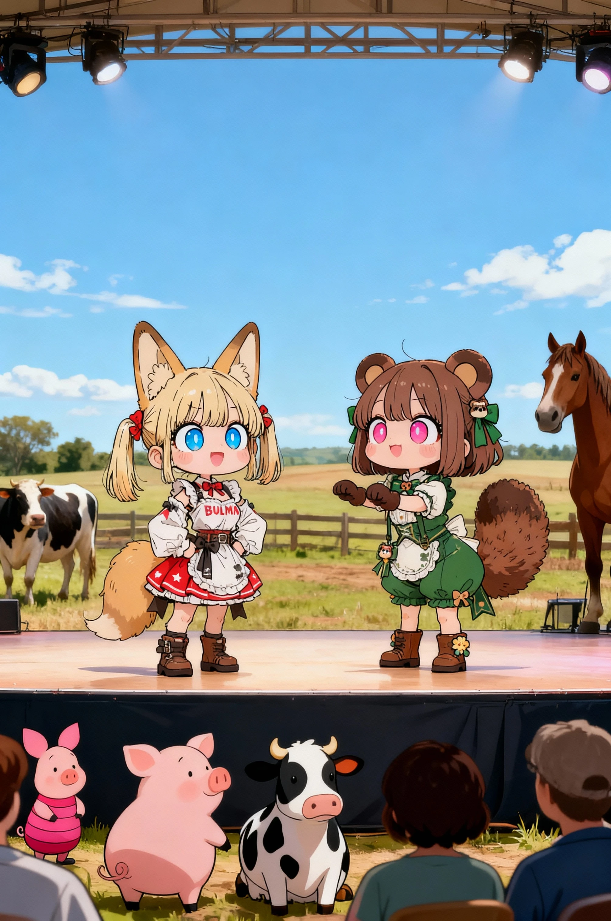 The character in image 1 and the character in image 2 are standing in front of a wall with pop graffiti　The character in image 2 is slightly taller