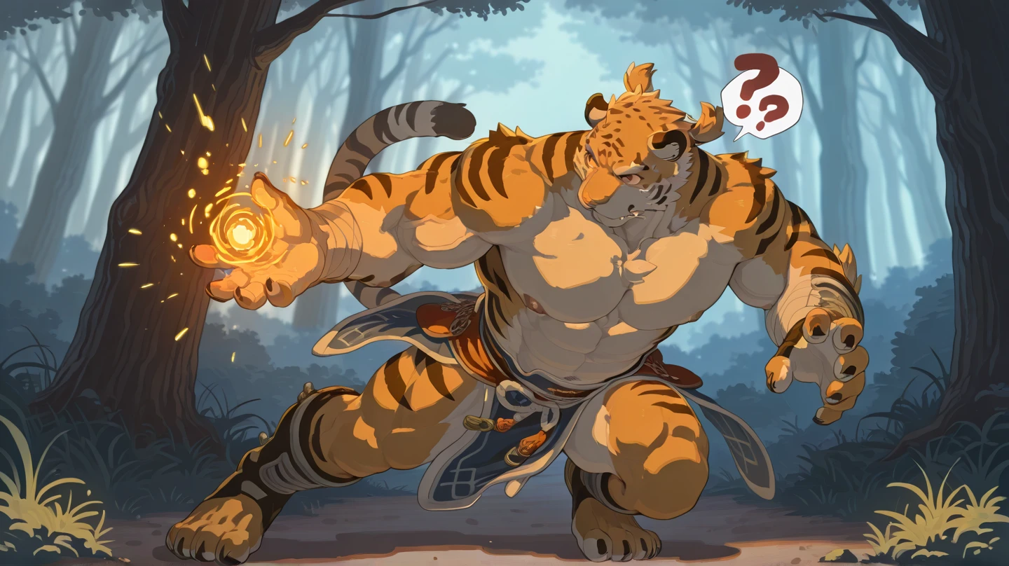 masterpiece, best quality, 8k resolution, Very detailed, hairy，tiger，((red hair))，muscle，Strong，超大muscle，((Sweating))，(((Purple Eyes)))，For the audience，(((Ancient times)))，portrait，((()))，(Highest quality scene)，(((crotch cloth)))，(((grassland)))，(((Vigilant)))，(((Hip bulge)))，(((Ultra clear eyes))，(((long fangs)))，((Solitary))，((whole body))，(((Sunlight)))，(((Standing)))，((Mature))，(((Uncle)))，(((Orange fur)))