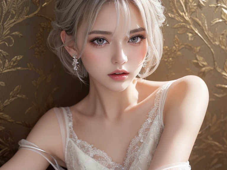 pink lace &Good, (((Very elegant and beautiful, Perfect detail, Super detailed))), whole body, The most detailed girl, Depth of written boundary, 美しく詳細なwhole body, Thin legs, 1 girl, 30 years old, Very short hair, Spiked Hair, Gray and silver hair, Beautiful detailed hair, Perfect Face, Expressionless, Beautifully detailed deep eyes, Open your mouth a little, Delicate arms and hands, Pale skin, Earrings, Beautiful and gorgeous necklace, Colorful background, HD background, Blurred Background, Very delicate and beautiful, Masterpiece, (((Highest quality, Very beautiful 8K CG wallpaper))), (((Trendy hairstyles))), (Inside the room,Stylish interior,window),