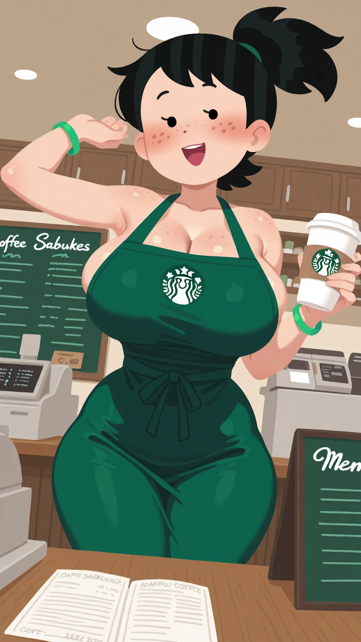 Score_9,score_8_up,score_7_up,1girl,solo,big breasts,cleavage,thick thighs,wide hips,curvy,green apron,looking at viewer,black eyes,long hair,blush,open mouth,kind_smile,holding cup,too many hearts,starbucks,cafe,green theme,emoji,stick figure,cartoonized,2d illustration,uncensored,<lora:Style_Irasutoya:1.1>,