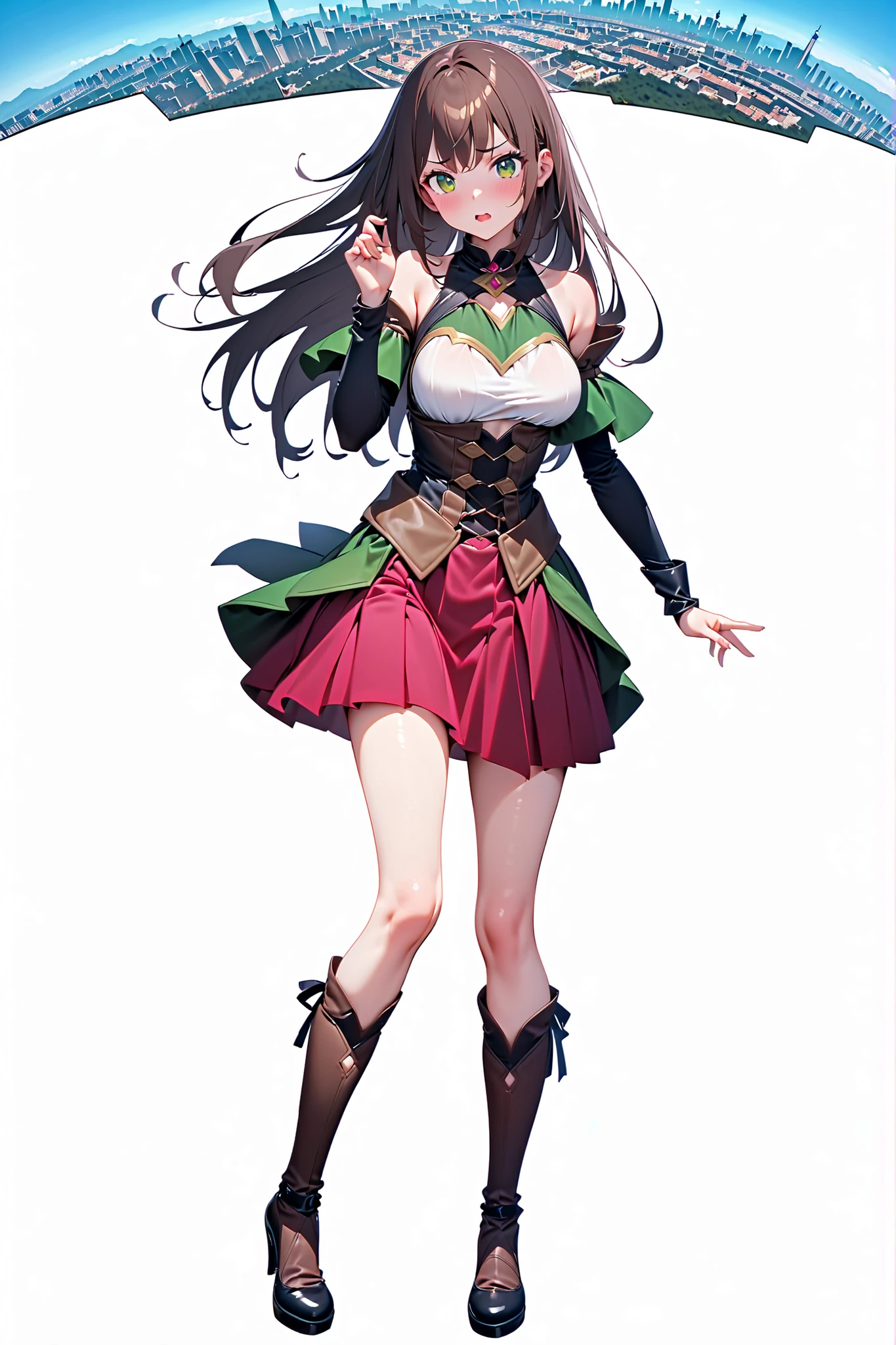 masterpiece quality,top quality assurance。brown hair、Pretty Girl with Green Eyes。Tsundere,魔法Fantasy Outfitを着ている,Exudes Magical Power,Fantasy Outfit,naughty,adorable,has a,city background, sacred,Full Body,Full Body,dynamic angle,dynamic pose,