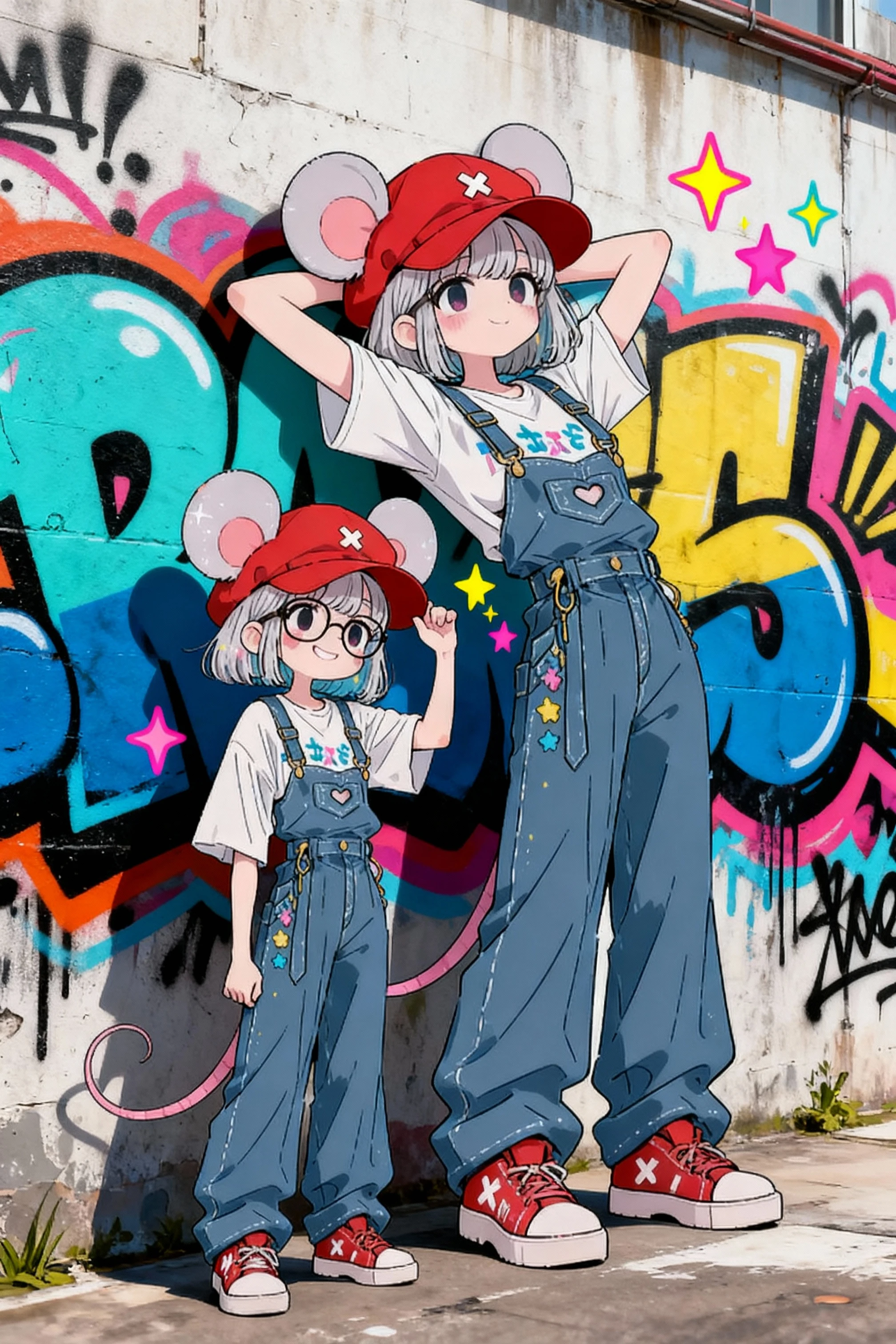 The character in image 1 and the character in image 2 are standing in front of a wall with pop graffiti　The character in image 2 is slightly taller