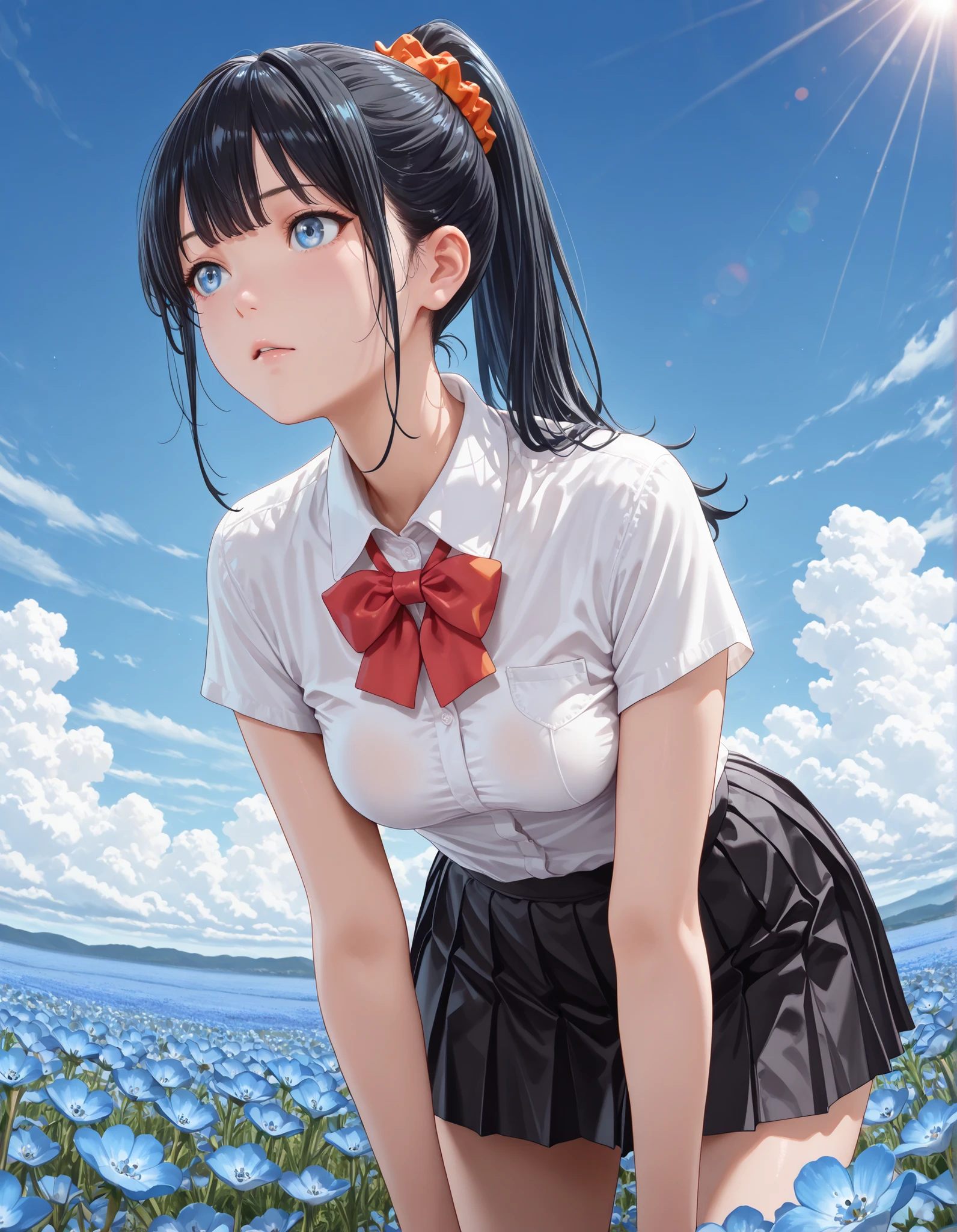 (1girl, solo:1.3), masterpiece,best quality,amazing quality, ((tkrdrkk, long hair, black hair, ponytail, choppy bangs, blue eyes, short sleeves, orange scrunchie, white shirt, collared shirt, red bowtie, black skirt, miniskirt, pleated skirt, medium breasts, small breasts)),leaning forward, cowboy shot, upper body, from below, Outdoors, depth of filed, Light on Face, Portrait, Sunlight, skyporn, (field of Nemophila flowers) outdoors, (Nemophila:1.2) (realistic blue flower:1.1), (blue flower field look like sea), horizon, noon, detailed background