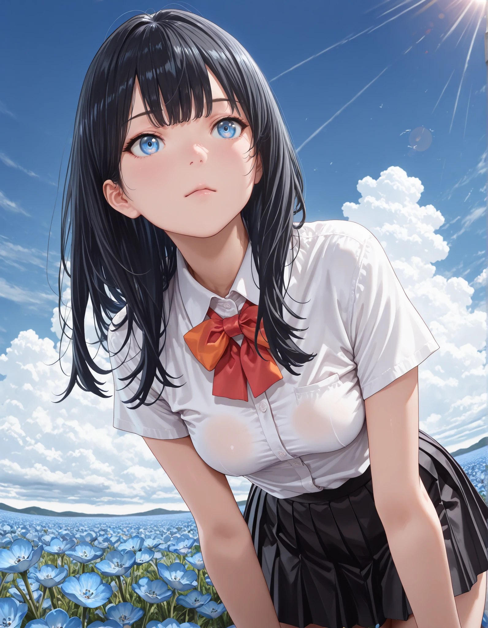 (1girl, solo:1.3), masterpiece,best quality,amazing quality, ((tkrdrkk, long hair, black hair, choppy bangs, blue eyes, short sleeves, orange scrunchie, white shirt, collared shirt, red bowtie, black skirt, miniskirt, pleated skirt, medium breasts, small breasts)),leaning forward, cowboy shot, upper body, from below, Outdoors, depth of filed, Light on Face, Portrait, Sunlight, skyporn, (field of Nemophila flowers) outdoors, (Nemophila:1.2) (realistic blue flower:1.1), (blue flower field look like sea), horizon, noon, detailed background
