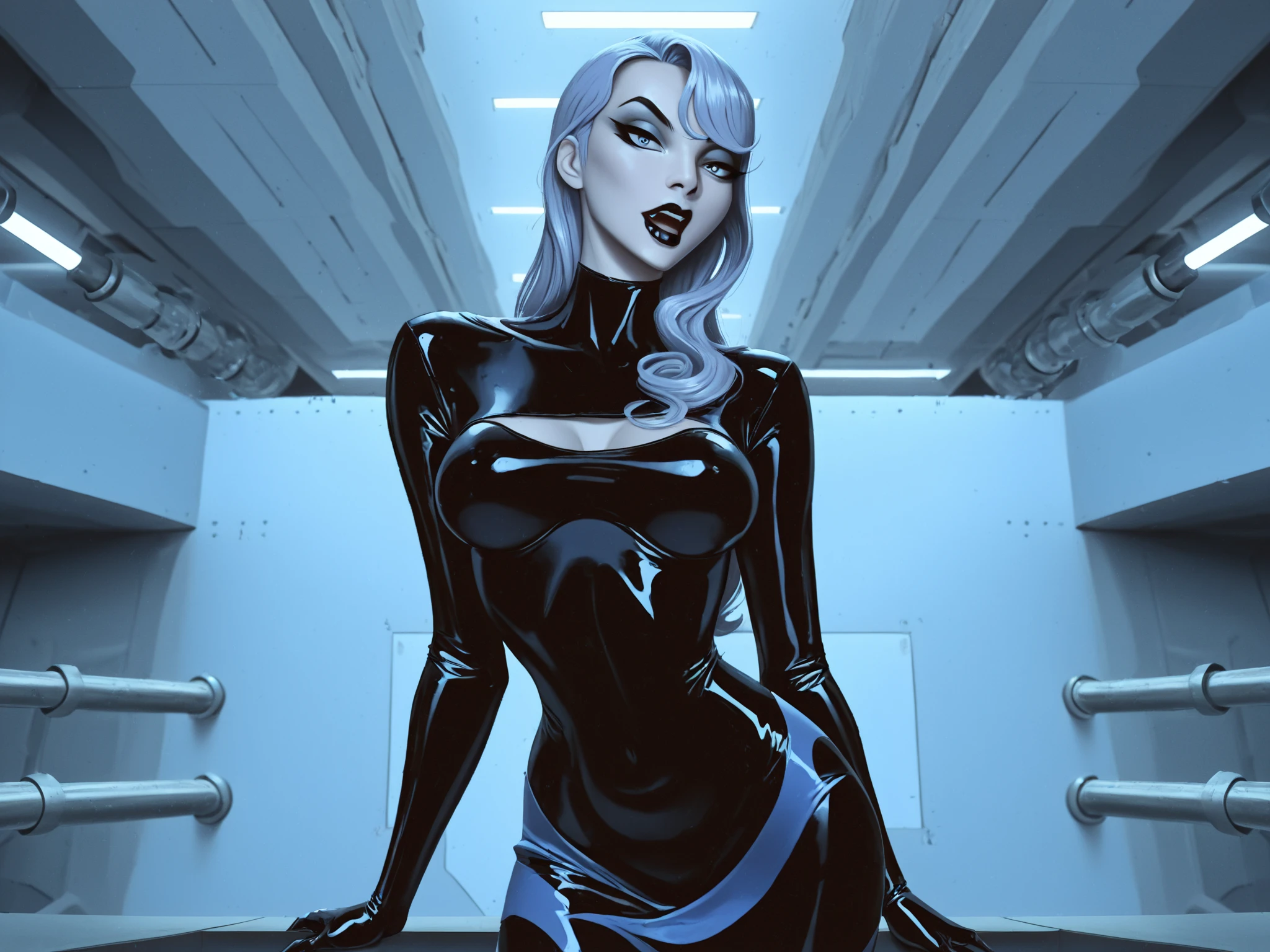 (monochrome:1.2), Comic art, medium shot of a sexy woman posing in front of space battle, flat colors, black line art, low camera angle, innerboob, dynamic pose, hand on hip, serious, looking confident, looking serious, looking off into distance, pointy ears, ponytail, huge breasts, black sclera, black eyes, platinum hair,