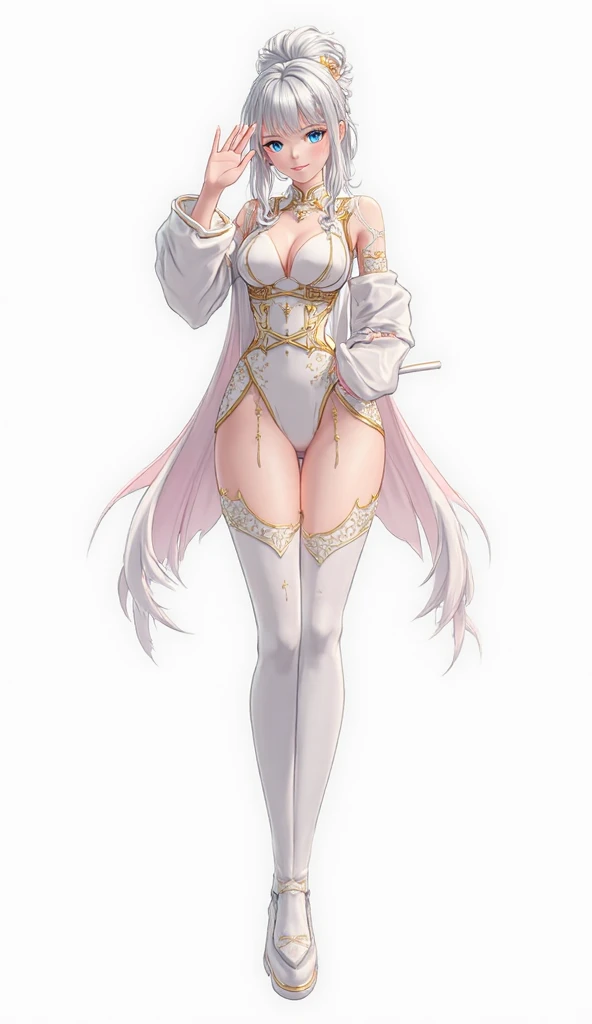 female drow elf blue pale skin full body whole body 1sologirl loincloth standing warrior proud expression, hands on ????, loincloth standing, hands on ????, metal sandals, leather choker with golden bell bellybutton navel, leather corset, big belt, view from below, feet together, bracers, tiara, barefoot no shoes, looking to viewer straight symmetrical, solo girl looking to the camera, cow bell choker leather collar choker neck bell, metal sandals, black and white ?????? (cow pattern) black thigh highs