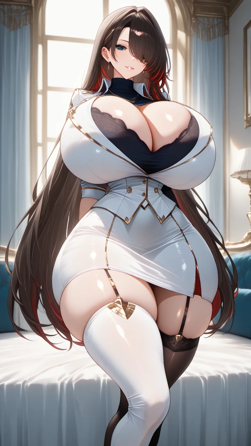 Erotic showing her huge breasts from the front with provocative clothes 
