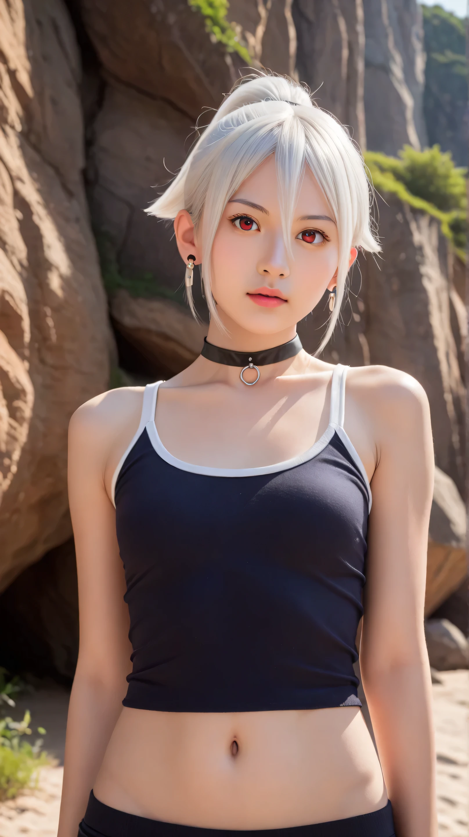 girl, ripped abs, armpits, biceps, black tank top, white hair, short hair, messy hair, black eyes,  face