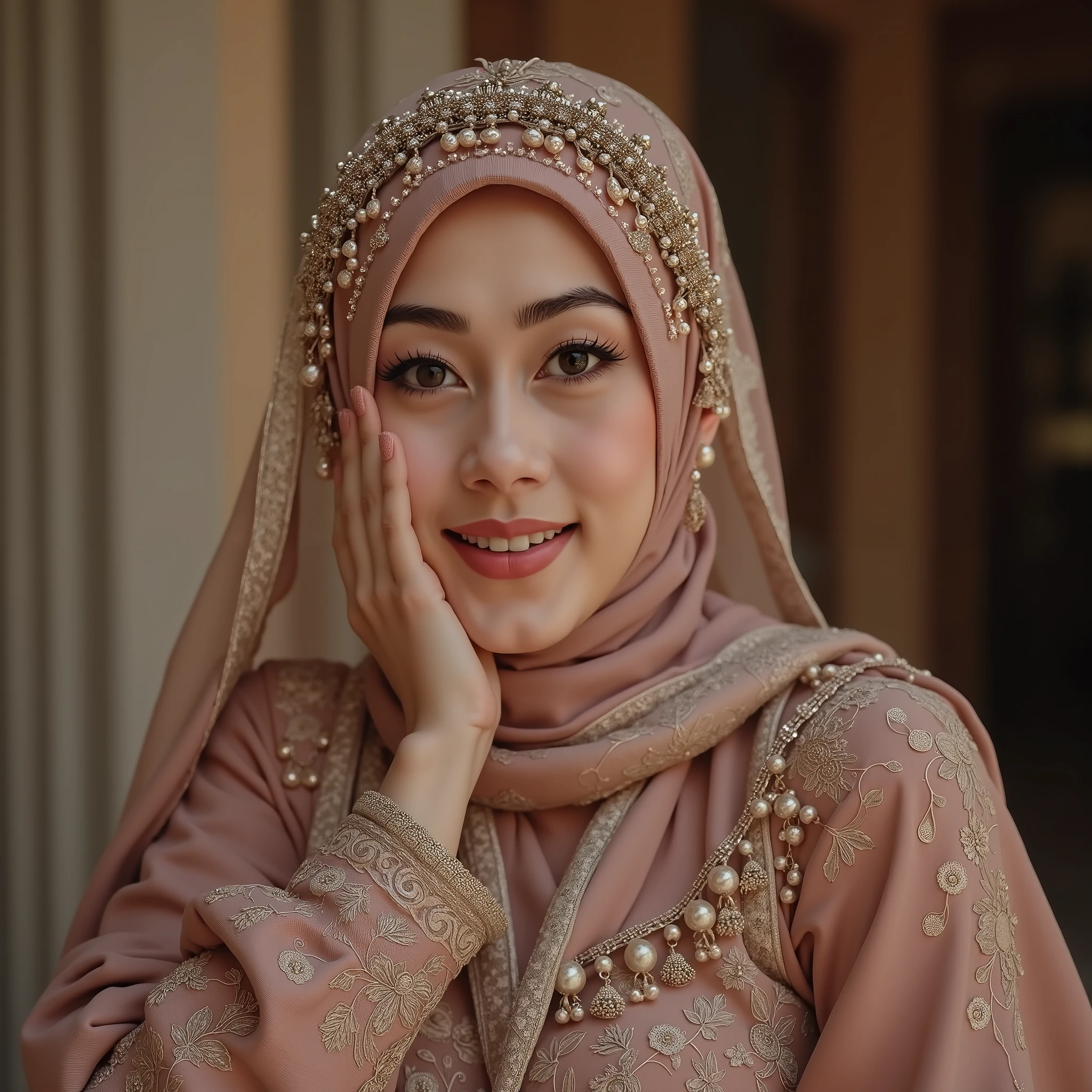 hyper HD, Masterpiece, Textured skin, 4K, Best quality of aside potrait dynamic pose a Beautiful hijab asian woman white fairy skin wearing dress , close-up half body , perfect hijab, detail veil , hyper realistic scarf and ornate on her side big back head hijab on likely hijab bun style , happy vibes, beauty smile open mouth showing teeth , smiling confident , huge breast , real photo shoot DSLR HD Picture.