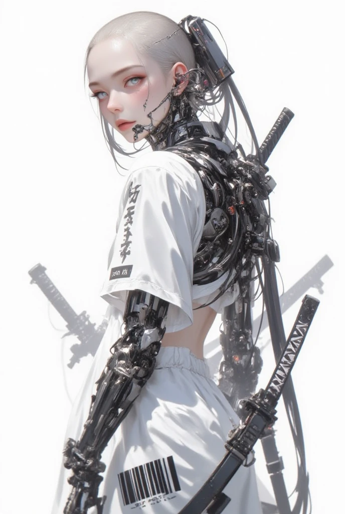 This is a CG Unity 8k wallpaper with ultra-detailed, high-resolution and top quality in cyberpunk style, dominated by black and red. In the picture, a beautiful girl with white messy short hair, a delicate face, wearing a steam mecha mask, standing on the ruins, behind her is a huge robot, and the action of a woman holding a heavy sniper rifle in her hand,