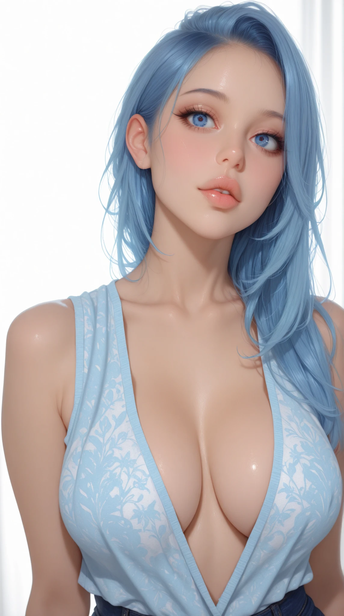 (best quality, ultra-detailed, photorealistic: 1.39), Face of naughty 29 year old teenager, bright and vibrant colors, studio lighting, romantic expression, Perfect ???????????, ripped jeans, beautiful sensual strap blouse, decoration on the blouse, long blue hair flowing in the wind, attractive eyes, lips bright, ???? pose, beautiful roses, smiling confidently and seductively, posing for a professional photo shoot, shallow depth of field, soft natural lighting, creating a dreamy and magical atmosphere, In front of the cafeteria, sitting on the chair, table, window