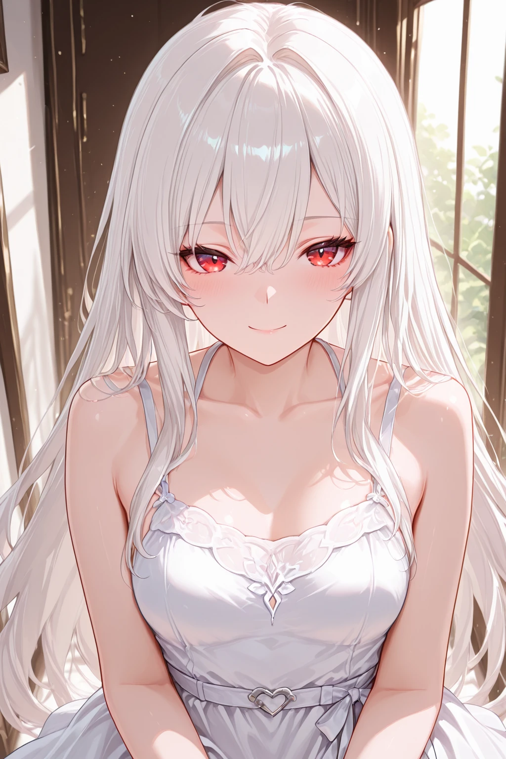 masterpiece、highest quality、Tavern、Red dress、Off the shoulder、Long white hair、White cat ears、Double teeth、smile、Feeling like leaning forward and peering、The  is open、Blushing、Red Eyes、Large 、White skin、With ruffles、Gloss in hair