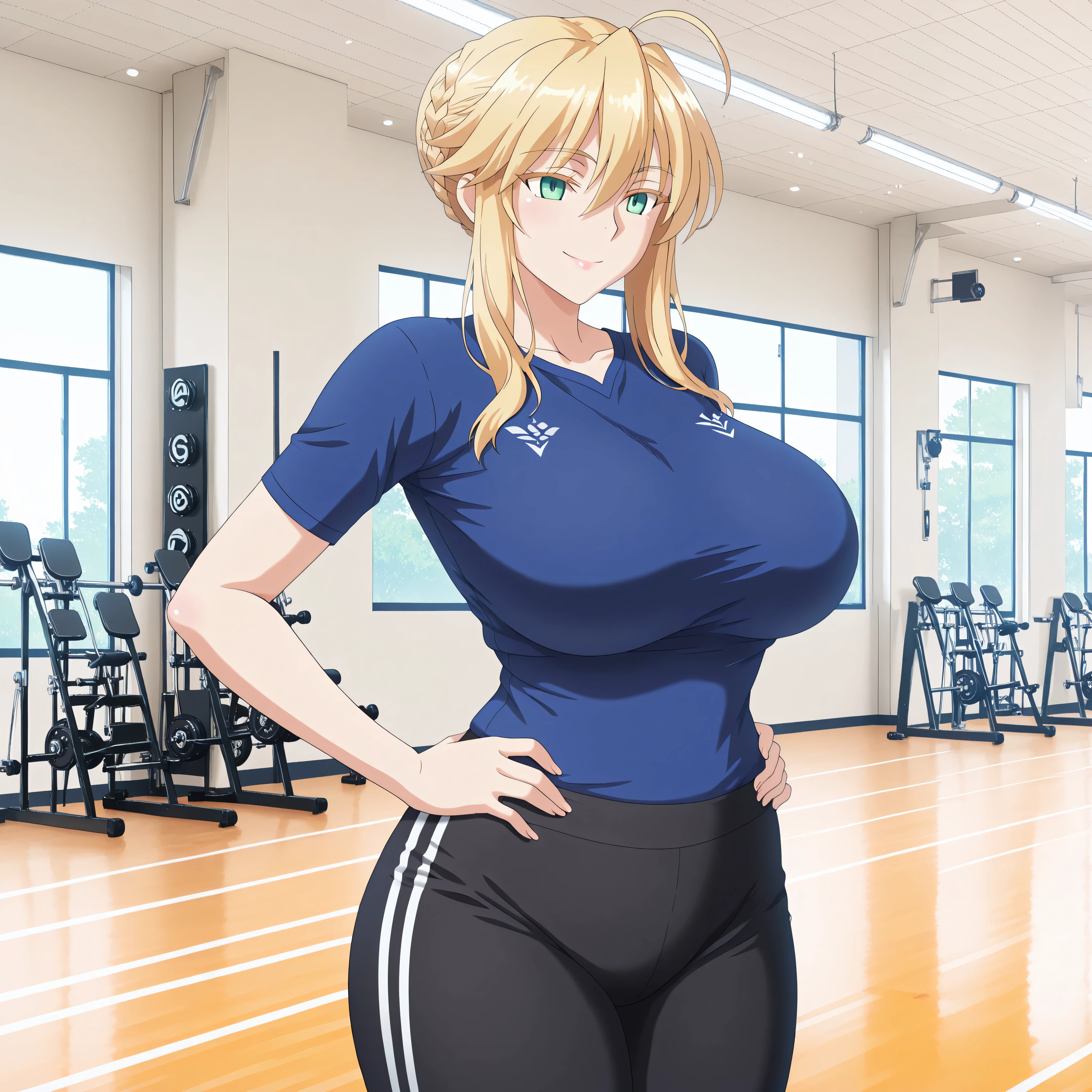 Artoria Pendragon Lancer, (a mature woman), anime style, blue sports shirt, black sports pants with white line, big curves, Smiling Kindly, looks directly at the spectator, blond hair moved smoothly in the breeze, modern gym, very detailed illustration, high quality anime style, anatomically perfect, front focus, hands on waist, solo alone.