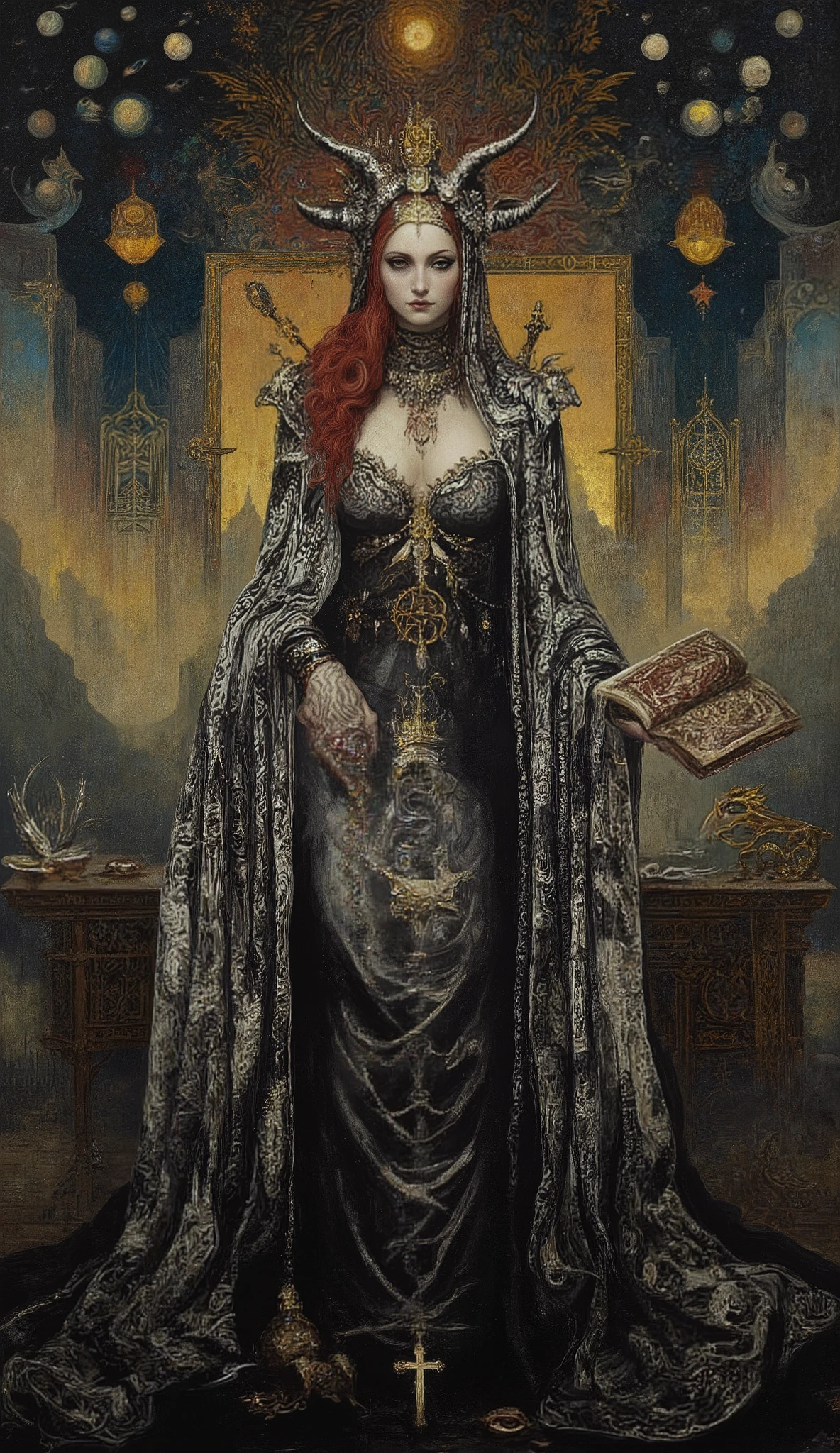 Surreal Painting, An extravagant, mysterious female figure dressed in intricately embroidered black and white finely cut seductive attire that hides nothing about her perfectly made voluptuos and statuesque, the harness hugs her ravishingly captivating form along with layers of a dark transparent cloak that recalls tales of Helen of Troy or Persephone, very well styled red hair, showing plenty of cleavage and elegantly tattooed skin but nothing too indecent, A jeweled rosary with a largepentagram instead of a cross rests on her shoulder,Allusions to a historical or religious background or past lives but of an occult nature, secret histories and universal laws of the metaphysical world are hinted at in her expressive mysterious eyes, her hands are tightly gripping a very ancient illuminated book of Alchemy glowing with ancient magics and Angelic Enochian magic, with arcane graphs and suggesting studiousness and contemplation, A number of abstract shapes and dragon heads, cyclops things and creatures of myth blend seamlessly around the mysterious figure's head,Set against a vivid , an alien cosmic montage of strange vistas of backdrop, Jagged iridescent geometric shapes, The background features celestial bodies such as planets and moons,Above these shapes are disarticulated eyes, Adding to the dreamy, mysterious atmosphere, The scene is set in a dark, expansive temple open to the sky, Suggesting a journey through time and space, searching for the one, The contrast of light and shadow, Fantastic Mood, A visually appealing piece, Deep symbolism, Various interpretations. llbreton