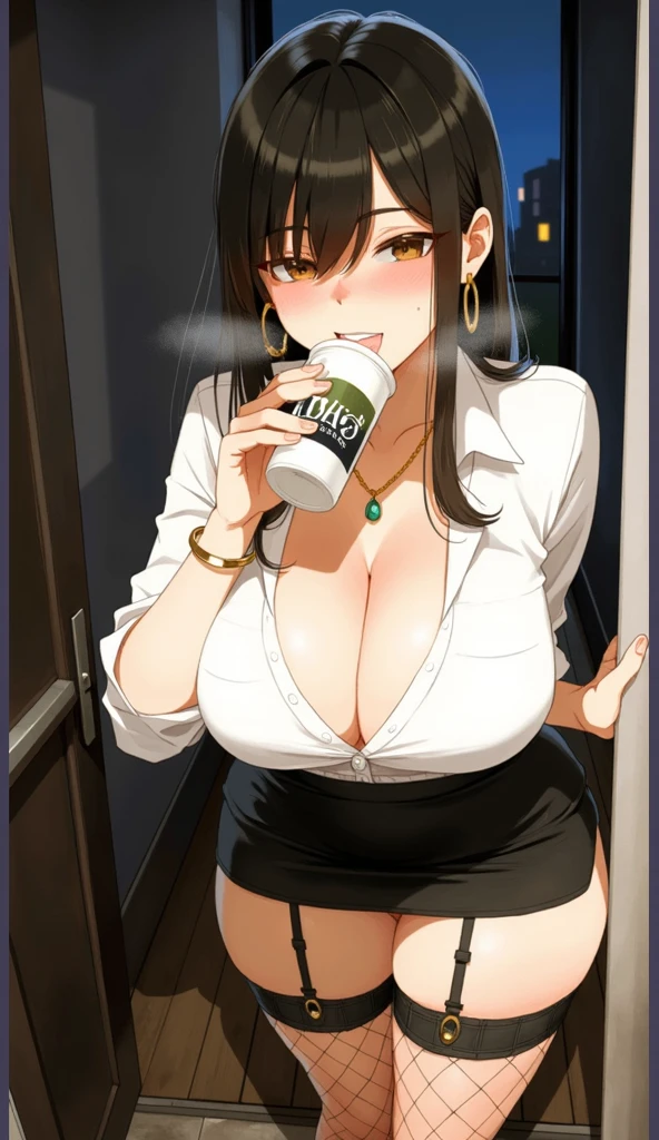 kase daiki.
woman, navel, brunette, early morning, panties, kitchen, loose tank top,   sipping from coffee mug, mug text: "Good morning"
 <lora:kase-daiki-2:1.1>