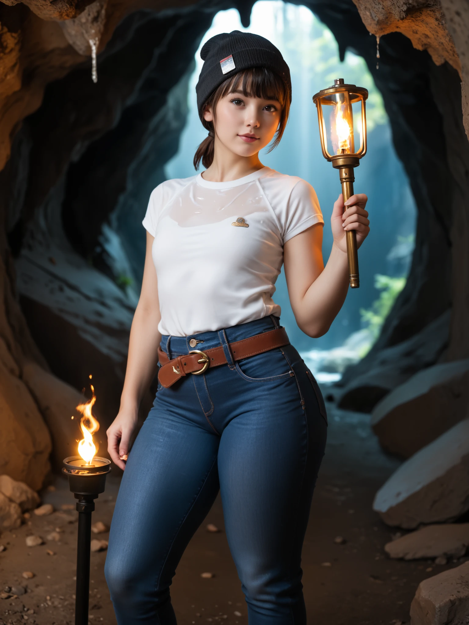 Score_9, Score_8_up, Score_7_up, Score_6_up, Score_5_up, Score_4_up, Source_real, Tag1, Tag2, Anatomically correct, realistic, 1 girl, young beautiful girl, cute, cute face, cutest girl ever, Detailed skin, big ass, (thick thighs:1.2), (wide hips:1.2), curvy, (oiled body:1.2), (short ponytail hair with bangs), (Wearing white shirt, jeans, belt, beanie), (She is exploring an underground cave by holding up a torch:1.2), (Underground Exploration),