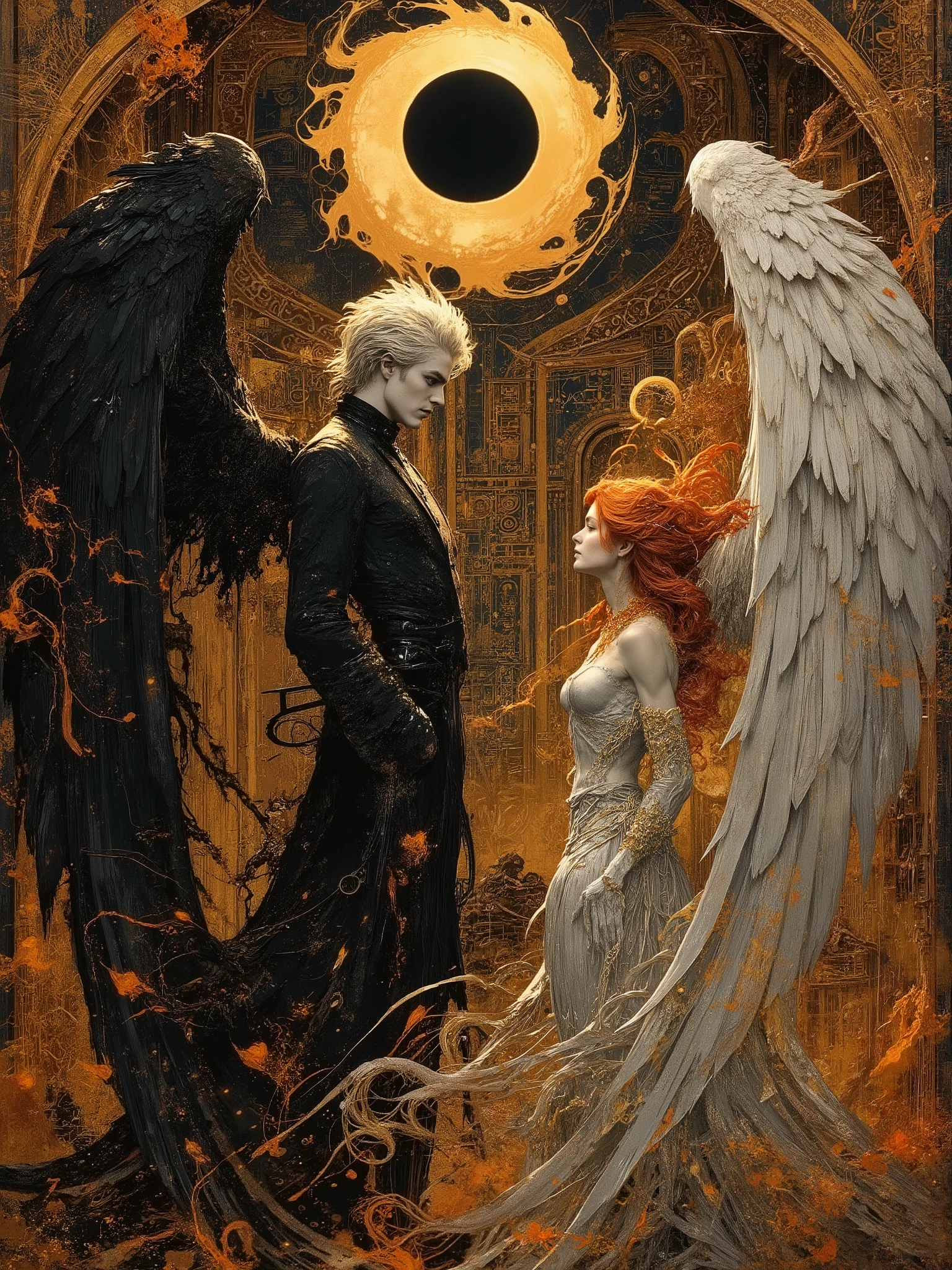 (masterpiece),(Highest quality),(Super detailed),(Ultra-high resolution) , (Best illustrations), 32k, an ancient luxurious temple,dynamic lights, shiny, glitter
Done in a balanced and vivid impressionist style symbolizing harmony of opposites ((and the search for spiritual transcendence through practicing mindfulness of self and psychological clarity, or learning philosophical reason logic and truth, as well as coming to terms with the metaphysical laws of our existence. In a word, wholeness with the true source.))
A captivating portrait shows an angel and a demon in staring at each other and enraptured. On the left appearing 40, a handsome aquiline looking man with short stylish white hair and a wry expression wears a dark, fancy high-collared coat and other expensive but tasteful accoutrements. He has silver and white feathered wings and a faint glowing halo, symbolizing his angelic nature. On the right looking no more than 28 years old, a beautiful pale skinned woman short of stature with long, red hair is seen wearing a roguish grin and dressed in an eclectic blend ((of street, grunge, secondhand and 1st hand designer finery and God only knows, each piece used to highlight her sensual, seductive nature)) that somehow matches in some bizarre way. She has fiery raven wings, with flames rising behind her, figures are facing each other, their intense gazes creating a powerful contrast between light and darkness and a shocking truth, they long to touch one another and their look is full of love. Massive energies whirl around these 2 and an eclipse of the Sun heralds their union with a foreboding air. Done in a balanced and vivid impressionist style symbolizing harmony of opposites ((and the search for spiritual transcendence through practicing mindfulness of self and psychological clarity, or learning philosophical reason logic and truth, as well as coming to terms with the metaphysical laws of our existence. In a word, wholeness with the true source.))