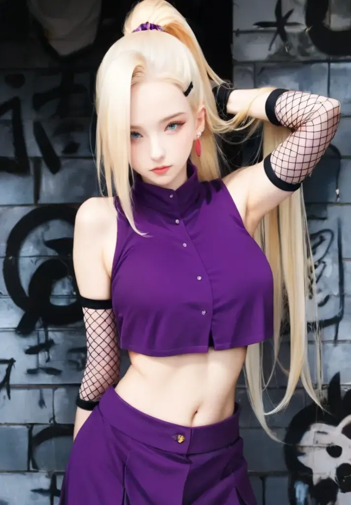 1female, long hair, yellow hair, blue eyes, beautiful detailed eyes, beautiful smile, realistic purple clothes, ultra-detailed clothing textures, city background with realistic details, realistic lighting, high-res image quality, anime style