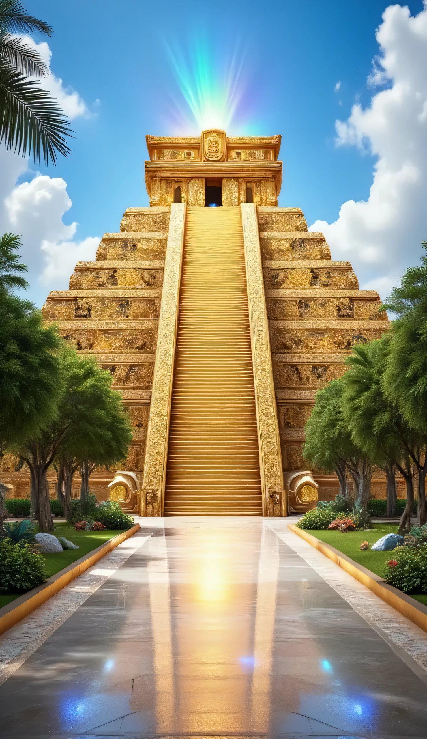 A detailed depiction of a golden Mayan pyramid during the peak of the Maya civilization, with the pyramid shimmering brightly in the sunlight. Surrounding the pyramid are paved marble streets, under a clear blue sky dotted with occasional white clouds, and lush green trees lining the streets and the area around the pyramid, majestic, historical, vibrant color scheme, sharp focus, realistic style.