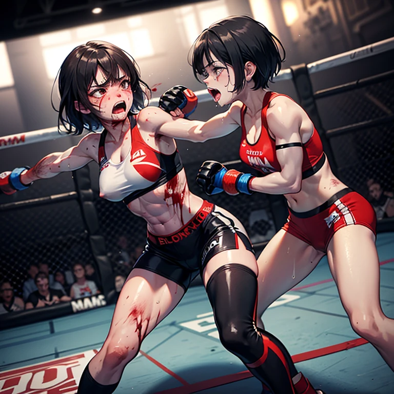 Two beautiful high school girls mixed martial artists covered in blood。fighting violently。Suffering from damage。Mouth open and dripping blood。With one eye closed, it seems painful。Fighting inside the Octagon。I'm soaked in sweat。open finger gloves。sports bra。bikini。erect nipples。black hair short cut。