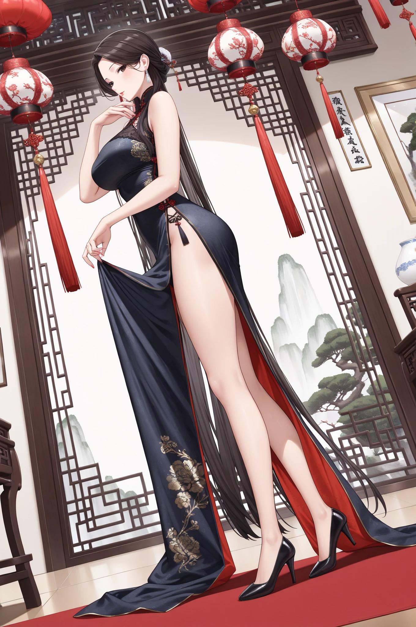 [(white background:1.5)::5],(bottle bottom:0.9),masterpiece,(full body:1.2),
Anchorage ( Moonlit Boat Ride),from side,1girl,breasts,solo,dress,red eyes,high heels,double bun,braid,black dress,hair bun,large breasts,china dress,long hair,cleavage,chinese clothes,full body,black footwear,looking at viewer,twin braids,white background,arm behind back,standing,sleeveless dress,simple background,bare shoulders,sleeveless,blonde hair,thighs,bangs,smile,pelvic curtain,bare legs,closed mouth,very long hair,side slit,hand fan,
<lora:Anchorage Moonlit Boat Ride_20240202152152:0.8>,<lora:azur lane_20230619144714-000018:0.3>,
