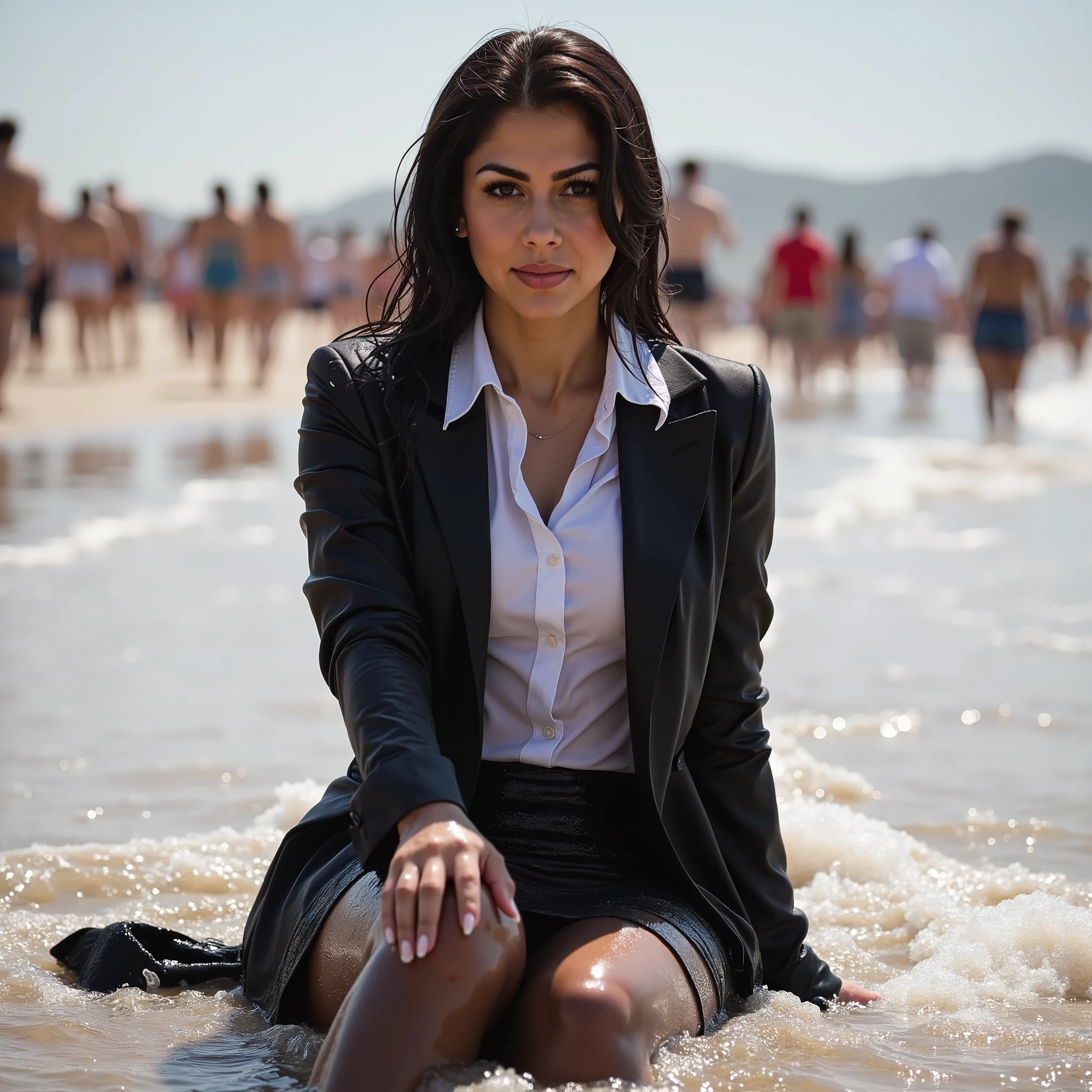 ( sunny day , crowded beach , beautiful latina woman wearing flight attendant uniform, skirt, blazer, blouse, dark tights,high heels shoes, wetlook, Completely wet. Sitting in the waves , water oozes from her clothes , wet hair stuck to her face , Drops of water on my skin , wet skin, wet clothes, shiny tights