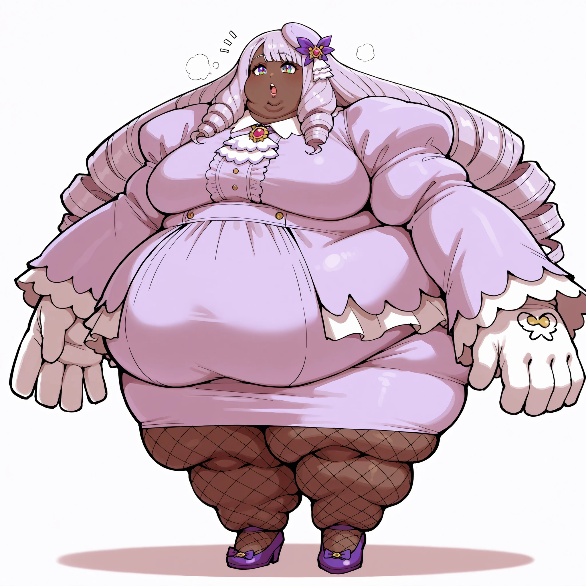 jacinthe, long hair, bangs, purple hair, dark-skinned female, drill hair,multicolored eyes,
hair ornament, long sleeves, jewelry, puffy sleeves, juliet sleeves, fishnets, purple footwear, beret, white gloves, ascot, purple dress, fishnet_pantyhose, fat, chubby, obese, fat neck, multiple chins, big breasts open mouth, out of breath, Larger female, full body shot, only head, large head, oversized limbs, large hands, large feet, oversized feet, oversized fingers, big lips, plump lips, fat face, fupa, big fupa, fat fupa,