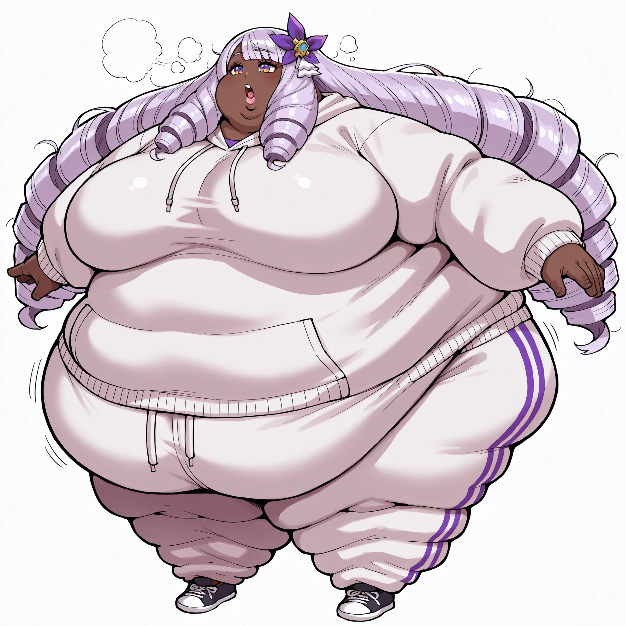 jacinthe, long hair, bangs, purple hair, dark-skinned female, drill hair,multicolored eyes,
hair ornament, messy hair, hoodie, sweatpants, shoes, fat, chubby, obese, fat neck, multiple chins, big breasts open mouth, out of breath, Larger female, full body shot, only head, large head, oversized limbs, large hands, large feet, oversized feet, oversized fingers, big lips, plump lips, fat face, fupa, big fupa, fat fupa,